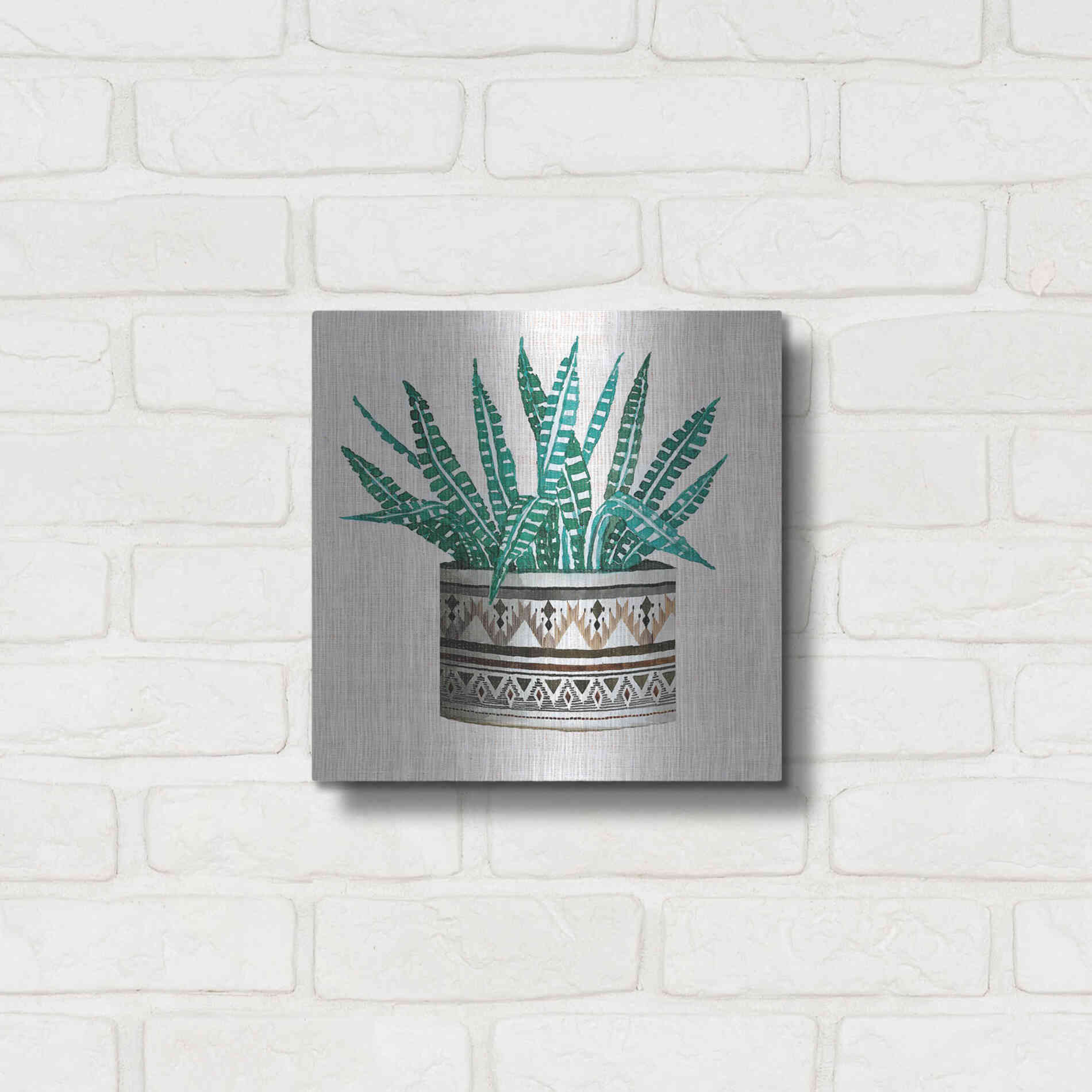 Luxe Metal Art 'Cactus Mud Cloth Vase III' by Cindy Jacobs, Metal Wall Art,12x12