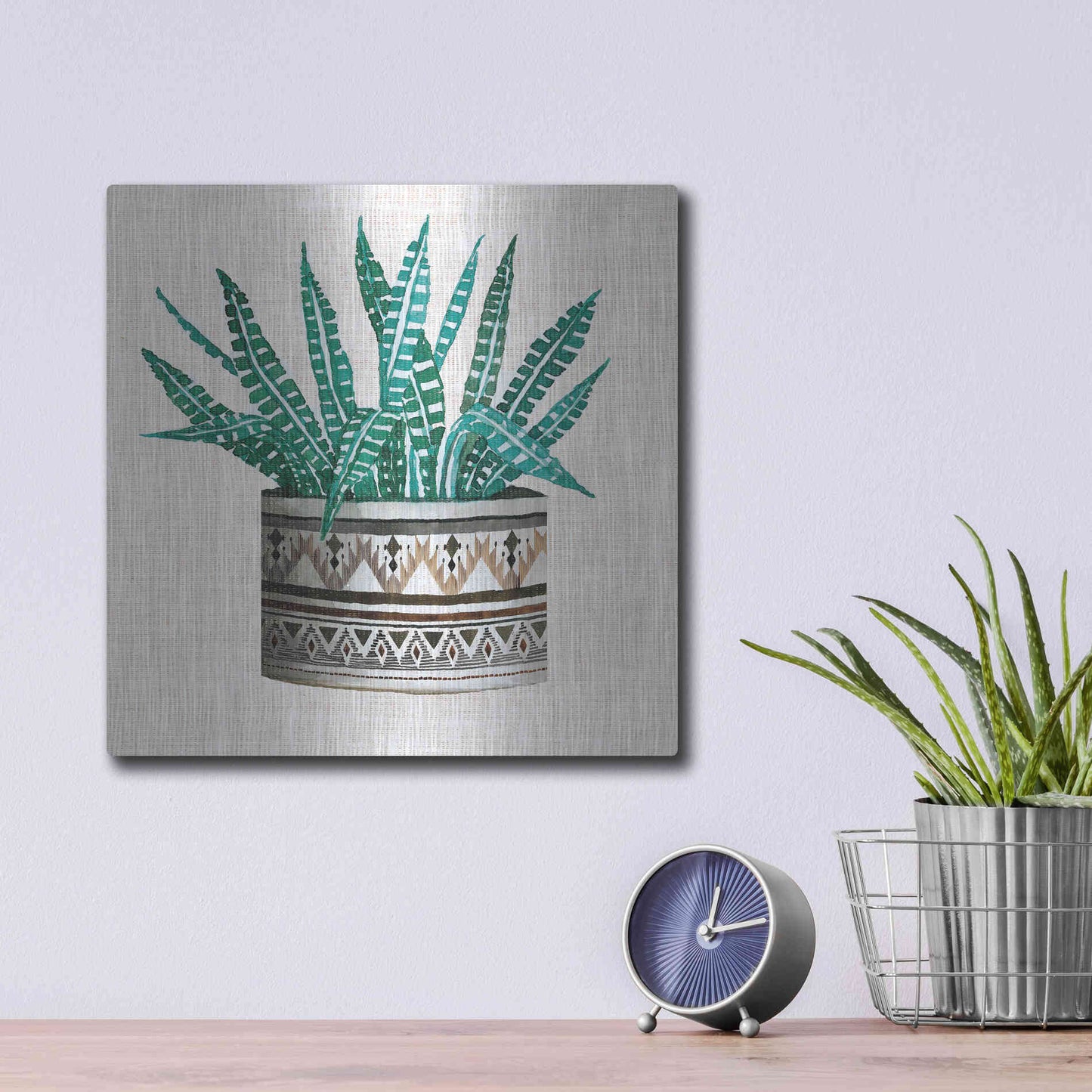 Luxe Metal Art 'Cactus Mud Cloth Vase III' by Cindy Jacobs, Metal Wall Art,12x12