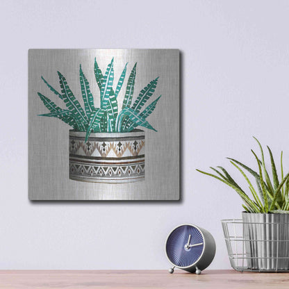 Luxe Metal Art 'Cactus Mud Cloth Vase III' by Cindy Jacobs, Metal Wall Art,12x12