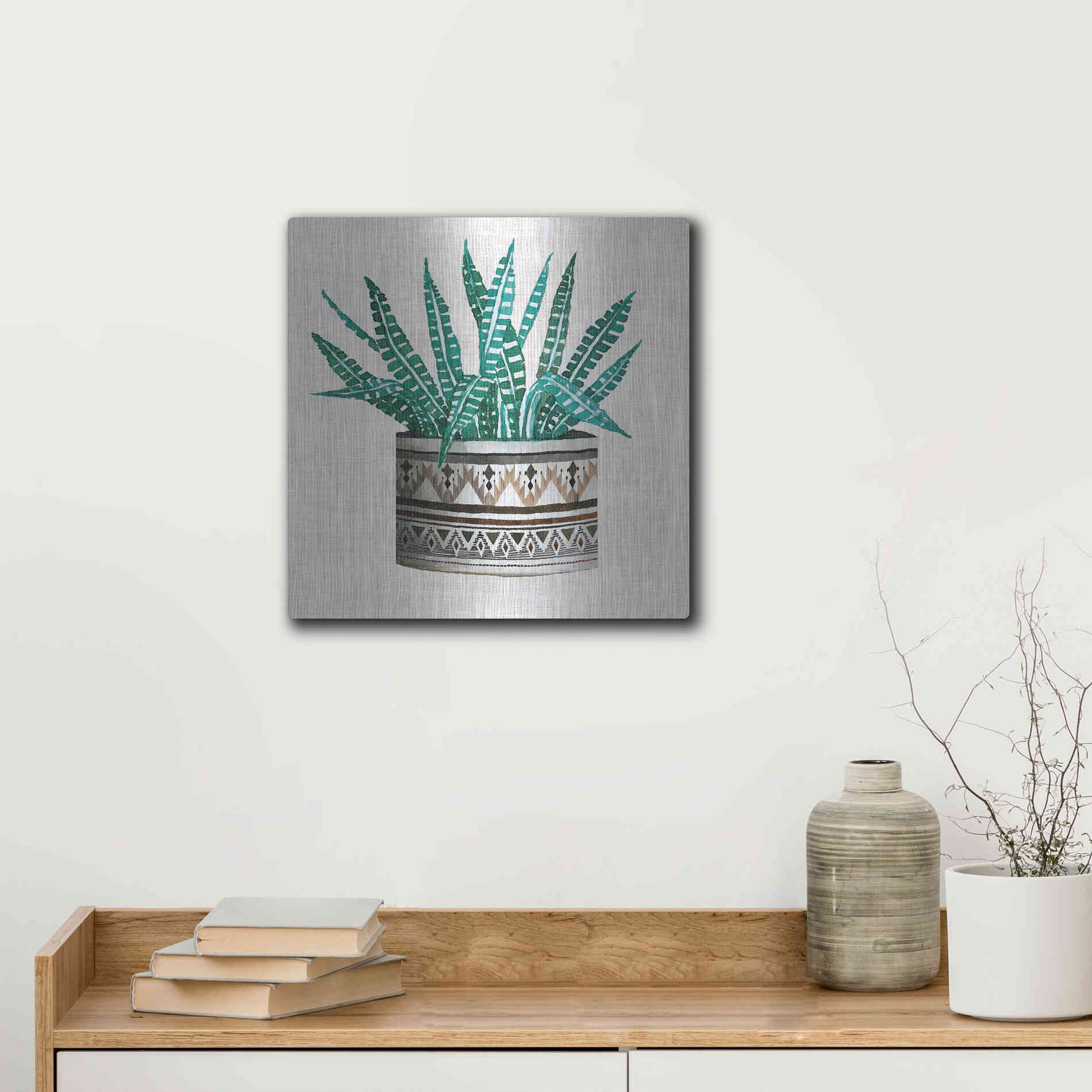 Luxe Metal Art 'Cactus Mud Cloth Vase III' by Cindy Jacobs, Metal Wall Art,12x12