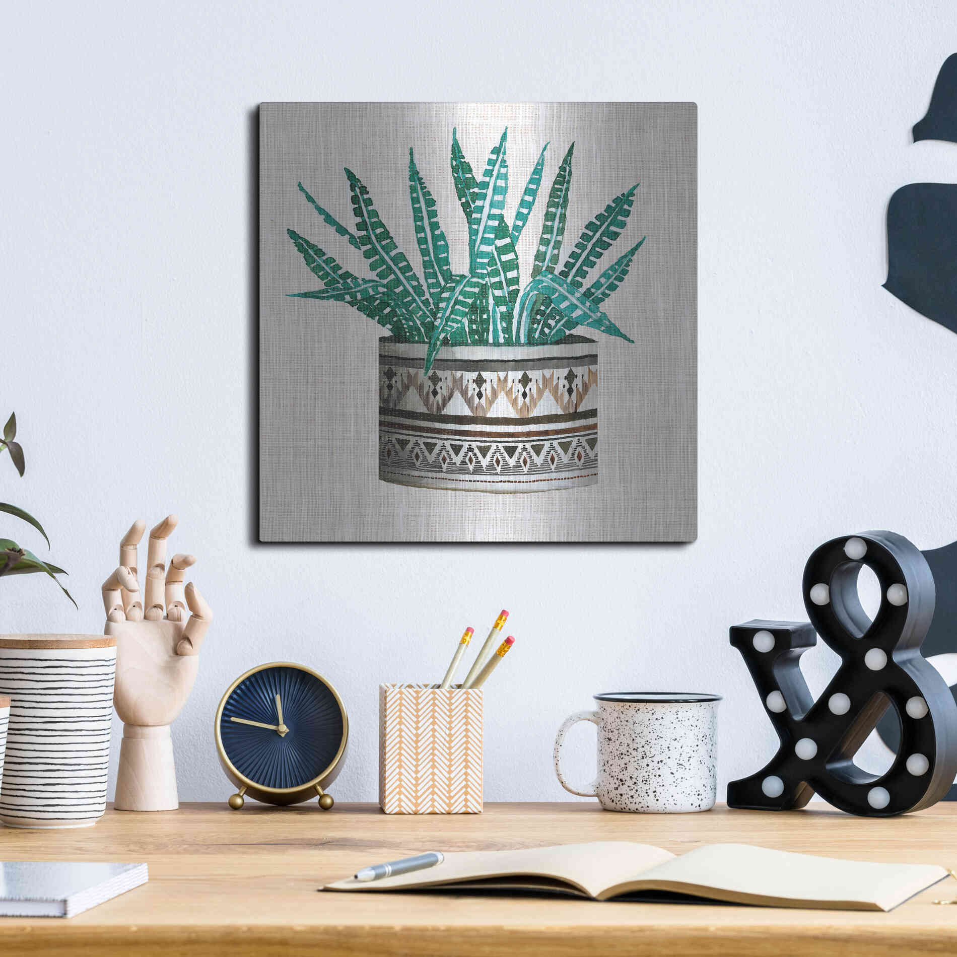Luxe Metal Art 'Cactus Mud Cloth Vase III' by Cindy Jacobs, Metal Wall Art,12x12