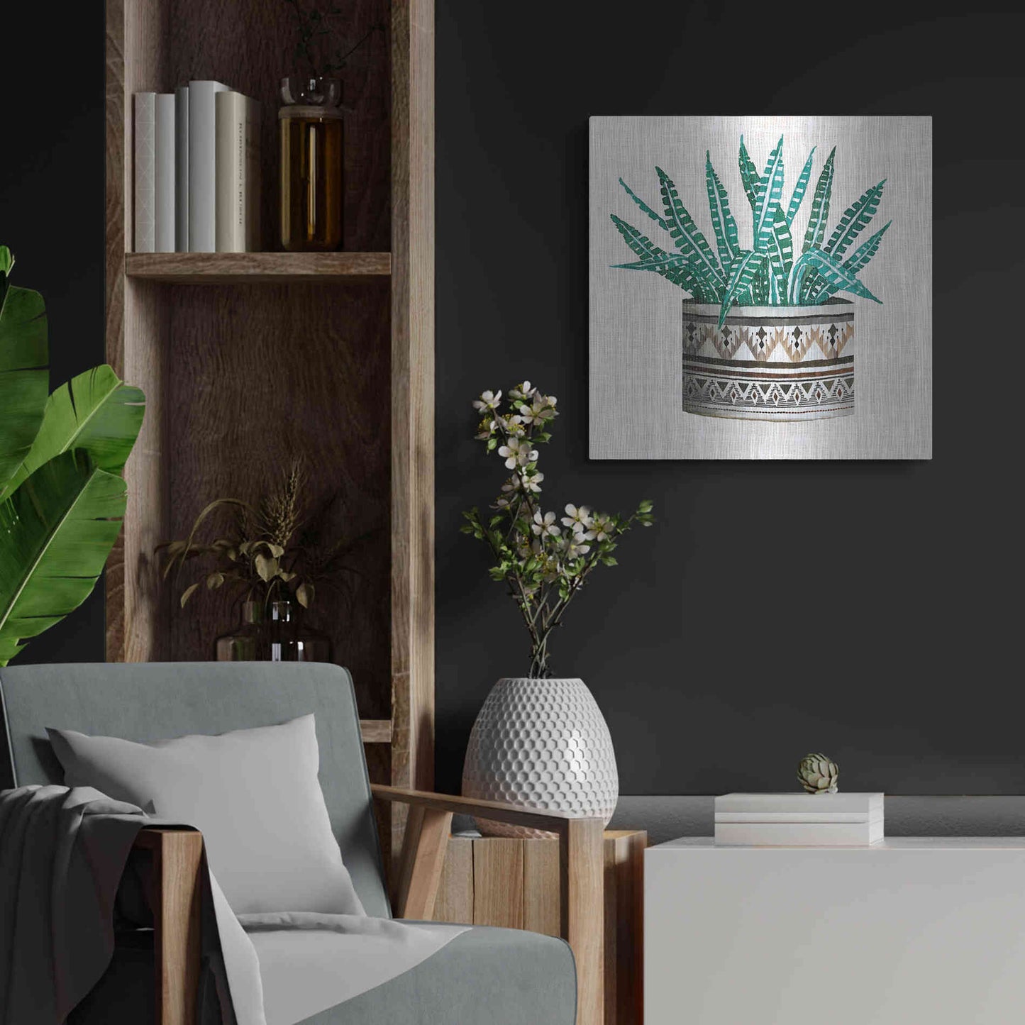 Luxe Metal Art 'Cactus Mud Cloth Vase III' by Cindy Jacobs, Metal Wall Art,24x24