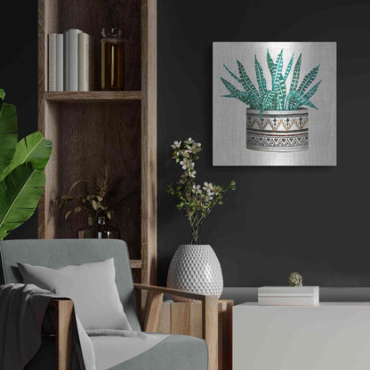Luxe Metal Art 'Cactus Mud Cloth Vase III' by Cindy Jacobs, Metal Wall Art,24x24