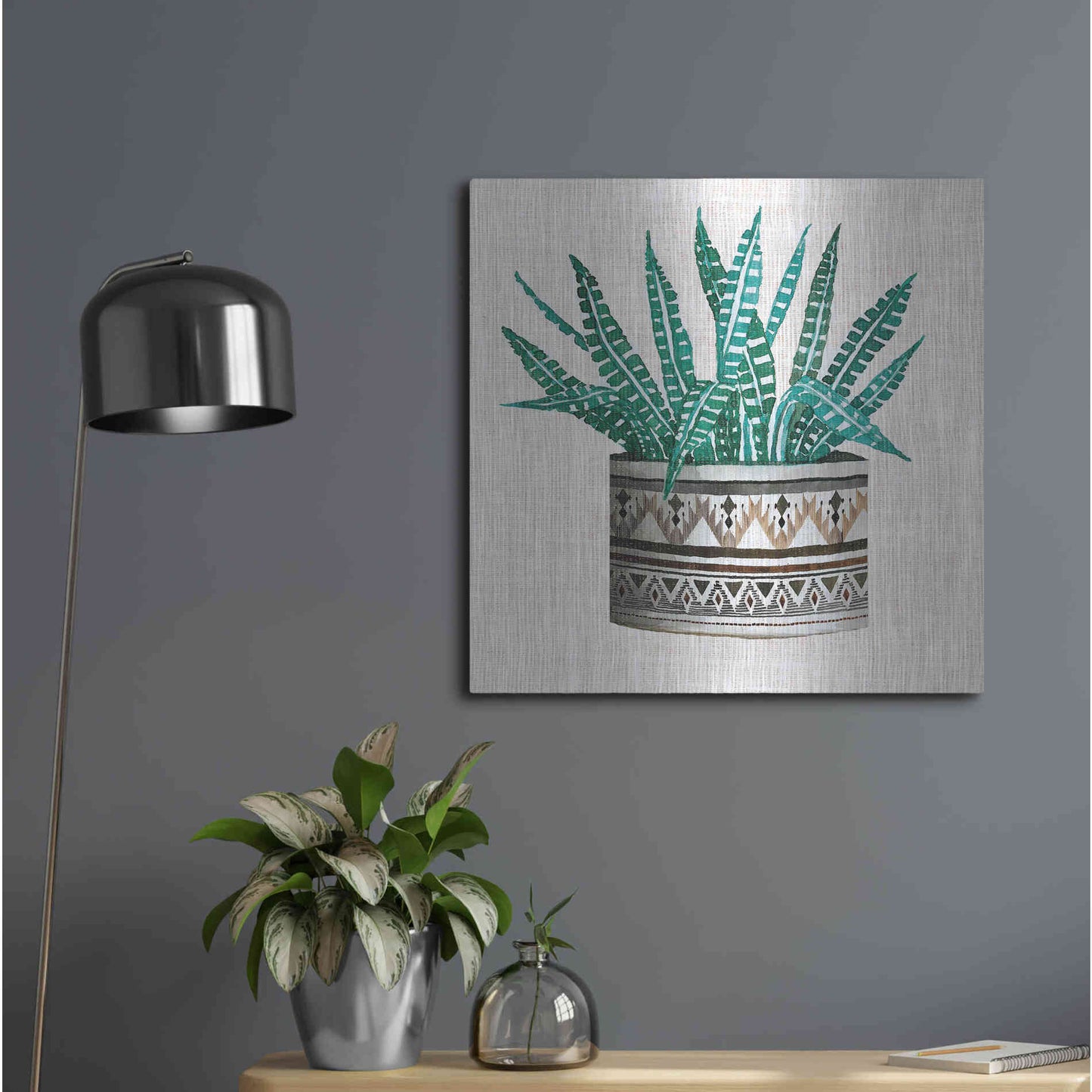 Luxe Metal Art 'Cactus Mud Cloth Vase III' by Cindy Jacobs, Metal Wall Art,24x24
