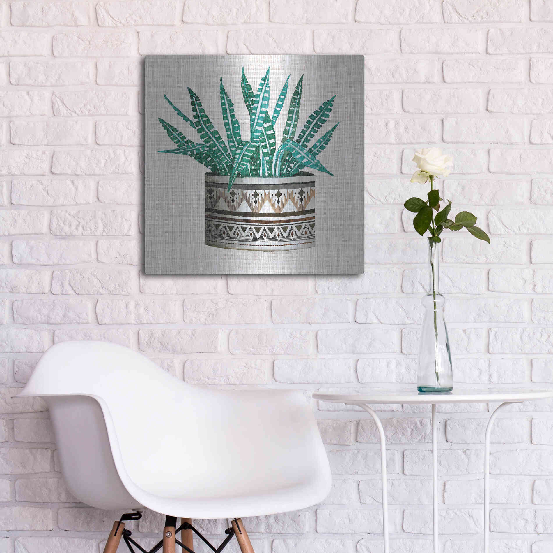 Luxe Metal Art 'Cactus Mud Cloth Vase III' by Cindy Jacobs, Metal Wall Art,24x24