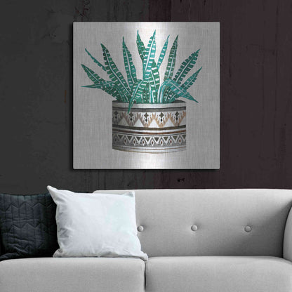 Luxe Metal Art 'Cactus Mud Cloth Vase III' by Cindy Jacobs, Metal Wall Art,36x36