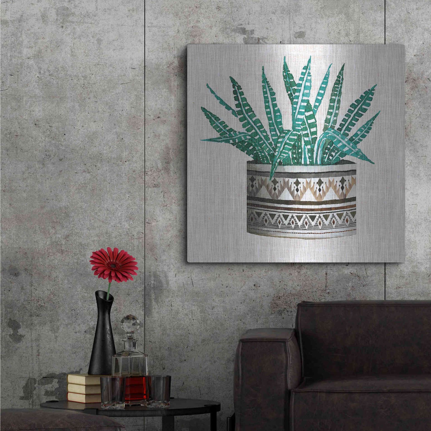 Luxe Metal Art 'Cactus Mud Cloth Vase III' by Cindy Jacobs, Metal Wall Art,36x36