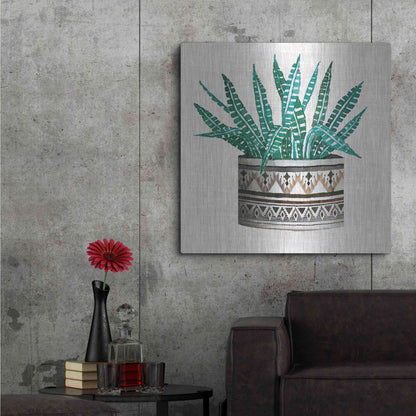Luxe Metal Art 'Cactus Mud Cloth Vase III' by Cindy Jacobs, Metal Wall Art,36x36
