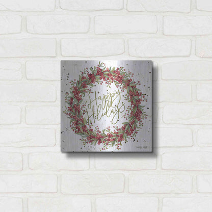 Luxe Metal Art 'Happy Holidays Berry Wreath' by Cindy Jacobs, Metal Wall Art,12x12