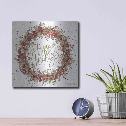 Luxe Metal Art 'Happy Holidays Berry Wreath' by Cindy Jacobs, Metal Wall Art,12x12