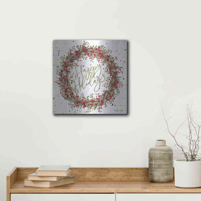 Luxe Metal Art 'Happy Holidays Berry Wreath' by Cindy Jacobs, Metal Wall Art,12x12