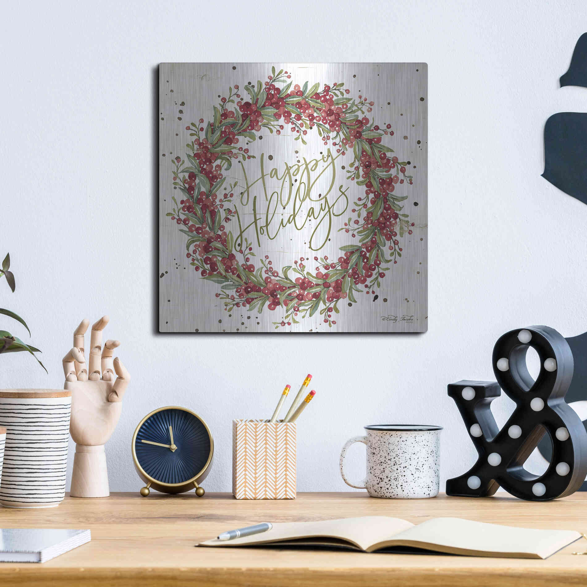 Luxe Metal Art 'Happy Holidays Berry Wreath' by Cindy Jacobs, Metal Wall Art,12x12