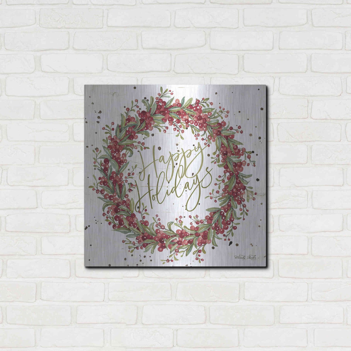 Luxe Metal Art 'Happy Holidays Berry Wreath' by Cindy Jacobs, Metal Wall Art,24x24