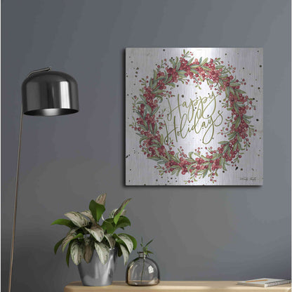 Luxe Metal Art 'Happy Holidays Berry Wreath' by Cindy Jacobs, Metal Wall Art,24x24