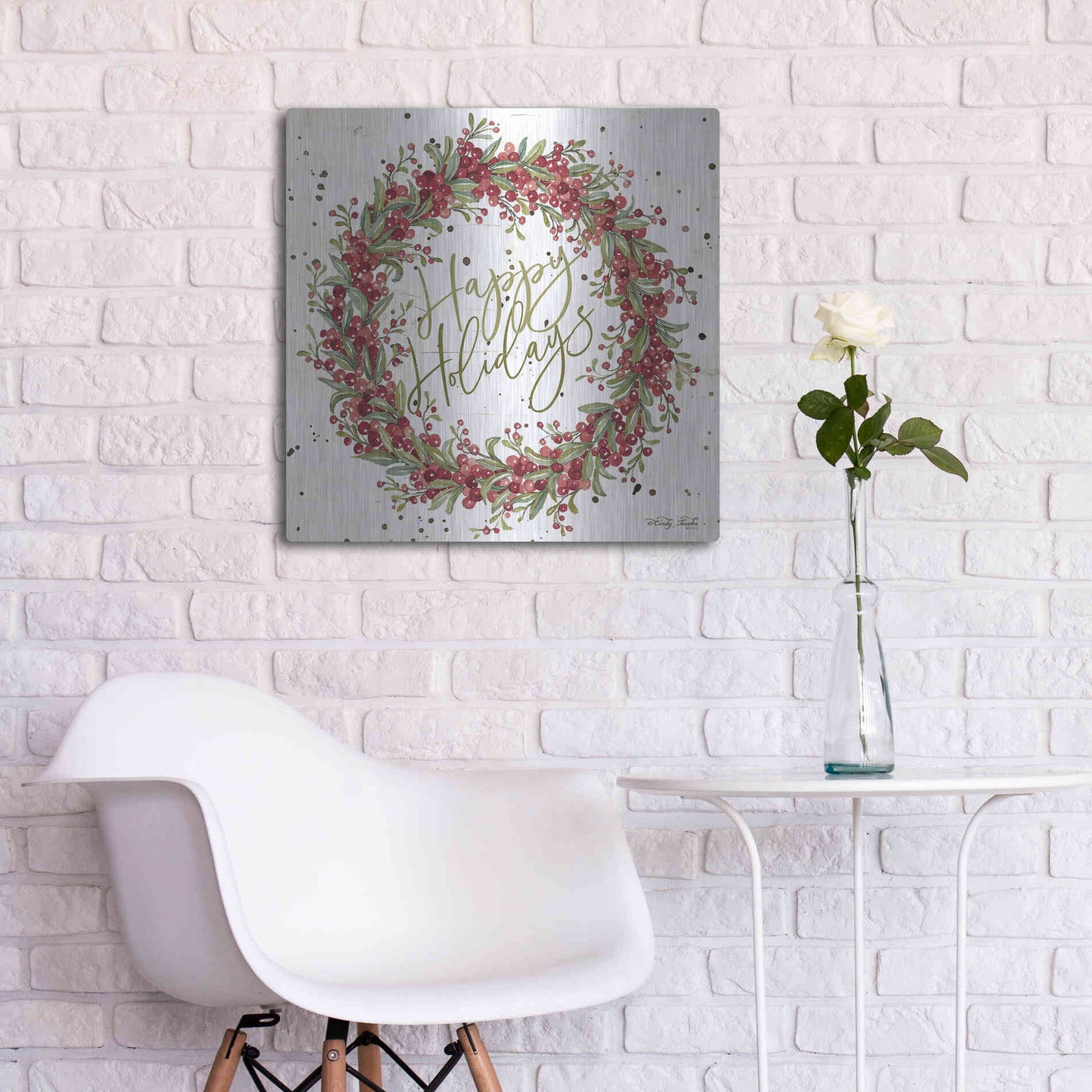 Luxe Metal Art 'Happy Holidays Berry Wreath' by Cindy Jacobs, Metal Wall Art,24x24