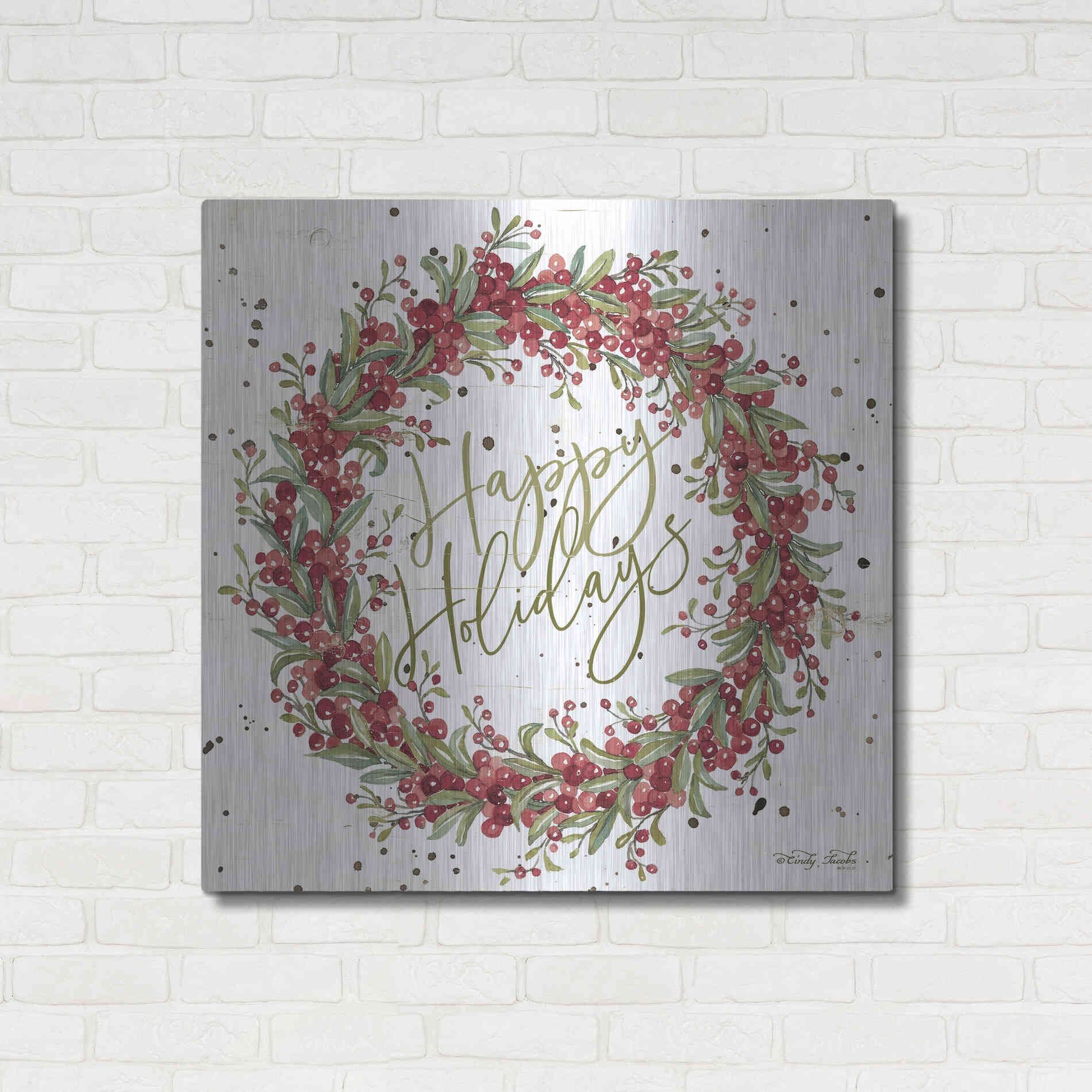 Luxe Metal Art 'Happy Holidays Berry Wreath' by Cindy Jacobs, Metal Wall Art,36x36