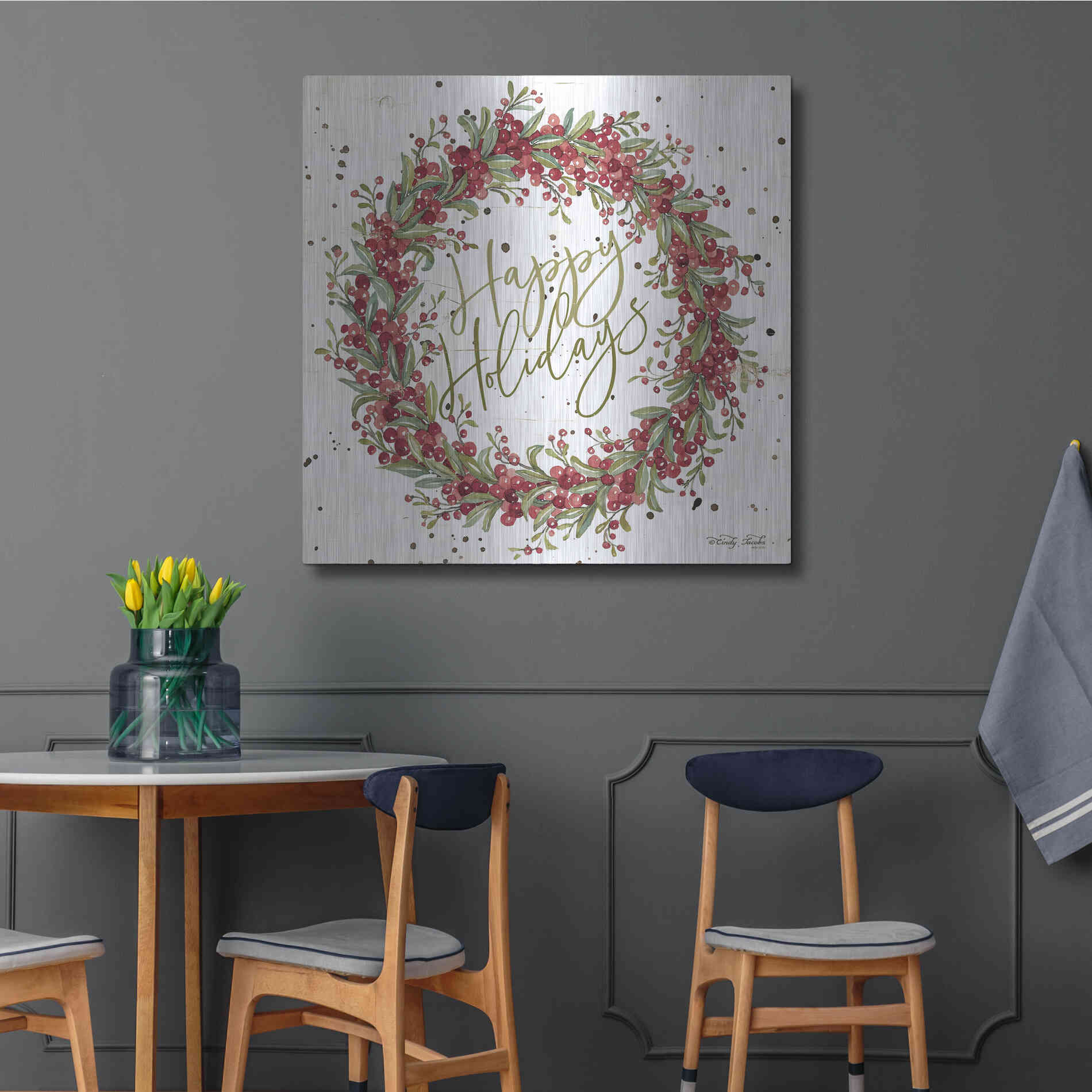 Luxe Metal Art 'Happy Holidays Berry Wreath' by Cindy Jacobs, Metal Wall Art,36x36