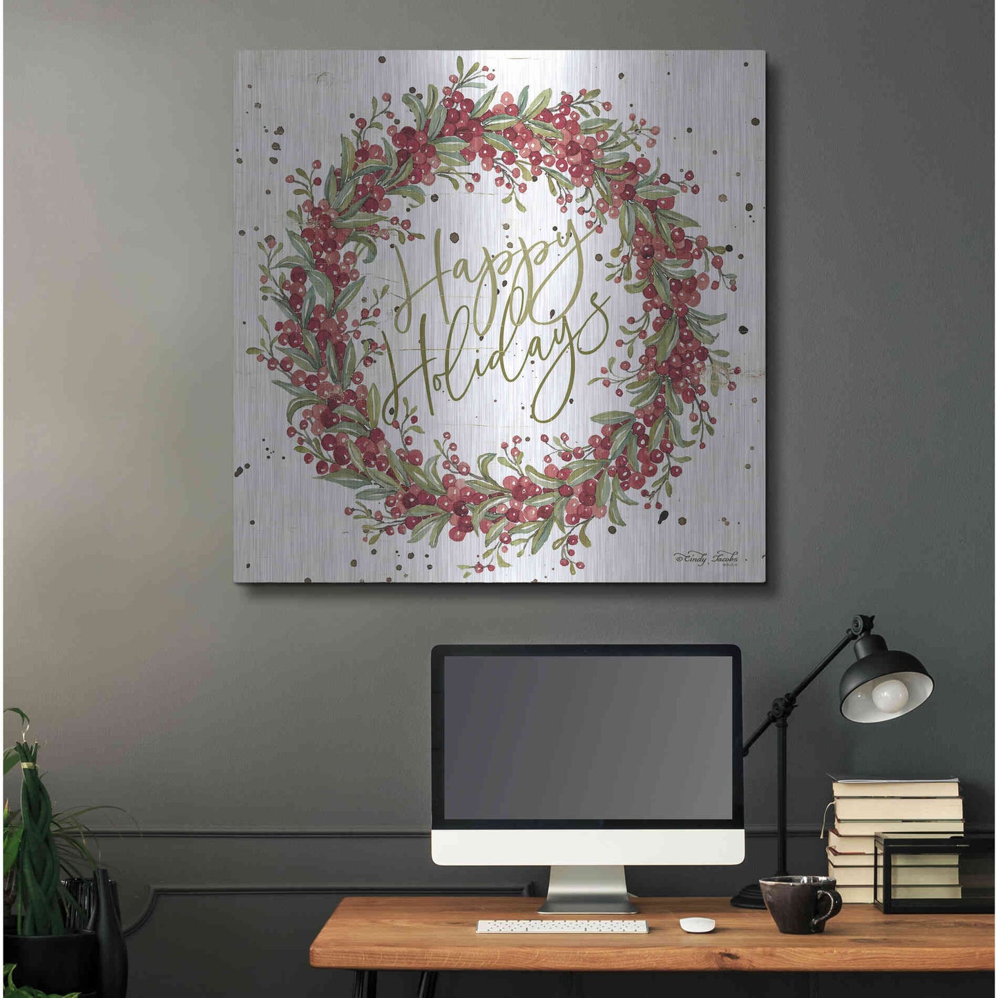 Luxe Metal Art 'Happy Holidays Berry Wreath' by Cindy Jacobs, Metal Wall Art,36x36