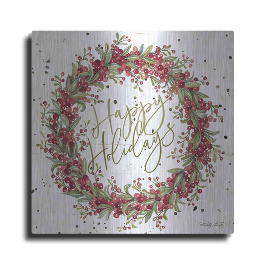 Luxe Metal Art 'Happy Holidays Berry Wreath' by Cindy Jacobs, Metal Wall Art