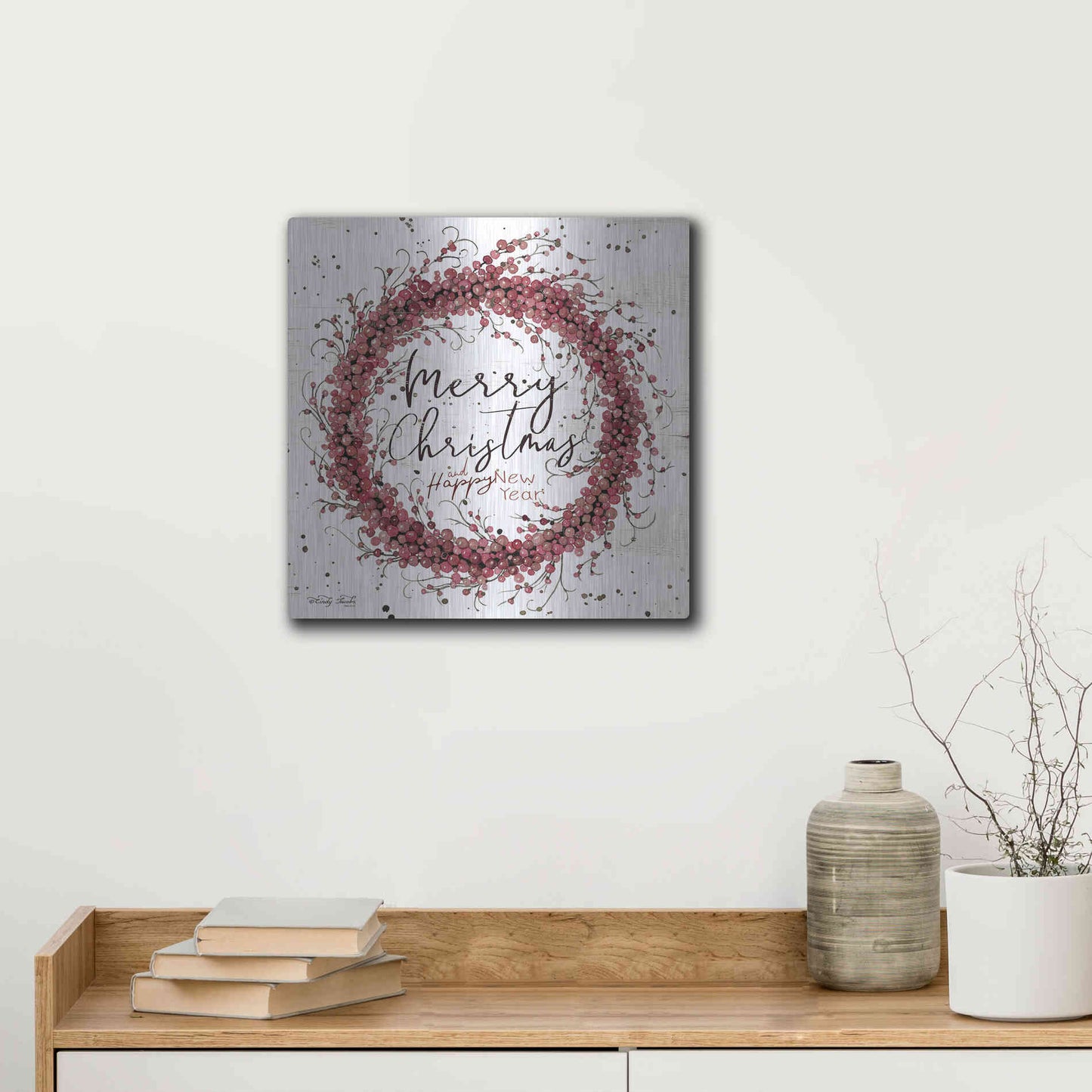 Luxe Metal Art 'Merry Christmas Berry Wreath' by Cindy Jacobs, Metal Wall Art,12x12