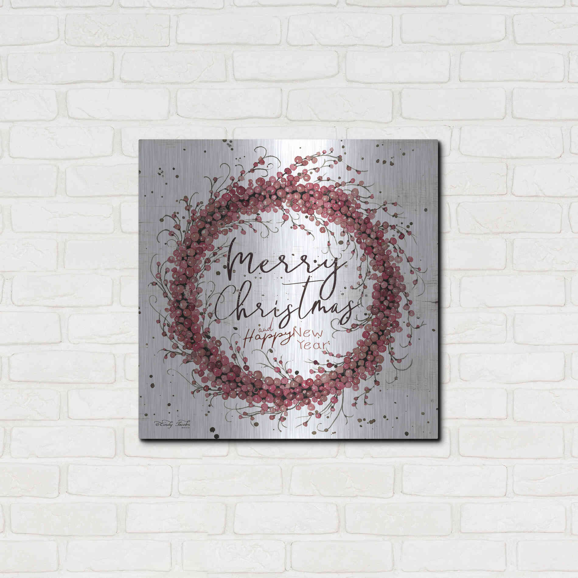 Luxe Metal Art 'Merry Christmas Berry Wreath' by Cindy Jacobs, Metal Wall Art,24x24