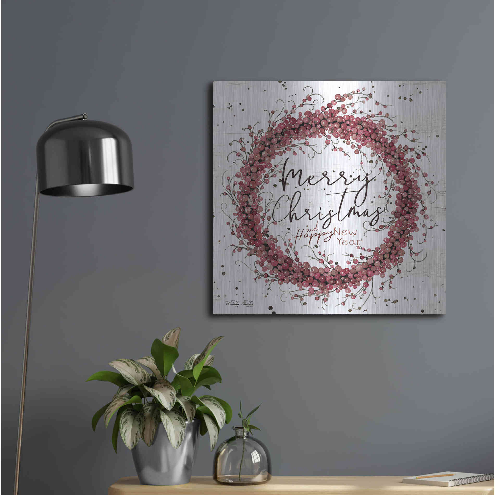 Luxe Metal Art 'Merry Christmas Berry Wreath' by Cindy Jacobs, Metal Wall Art,24x24