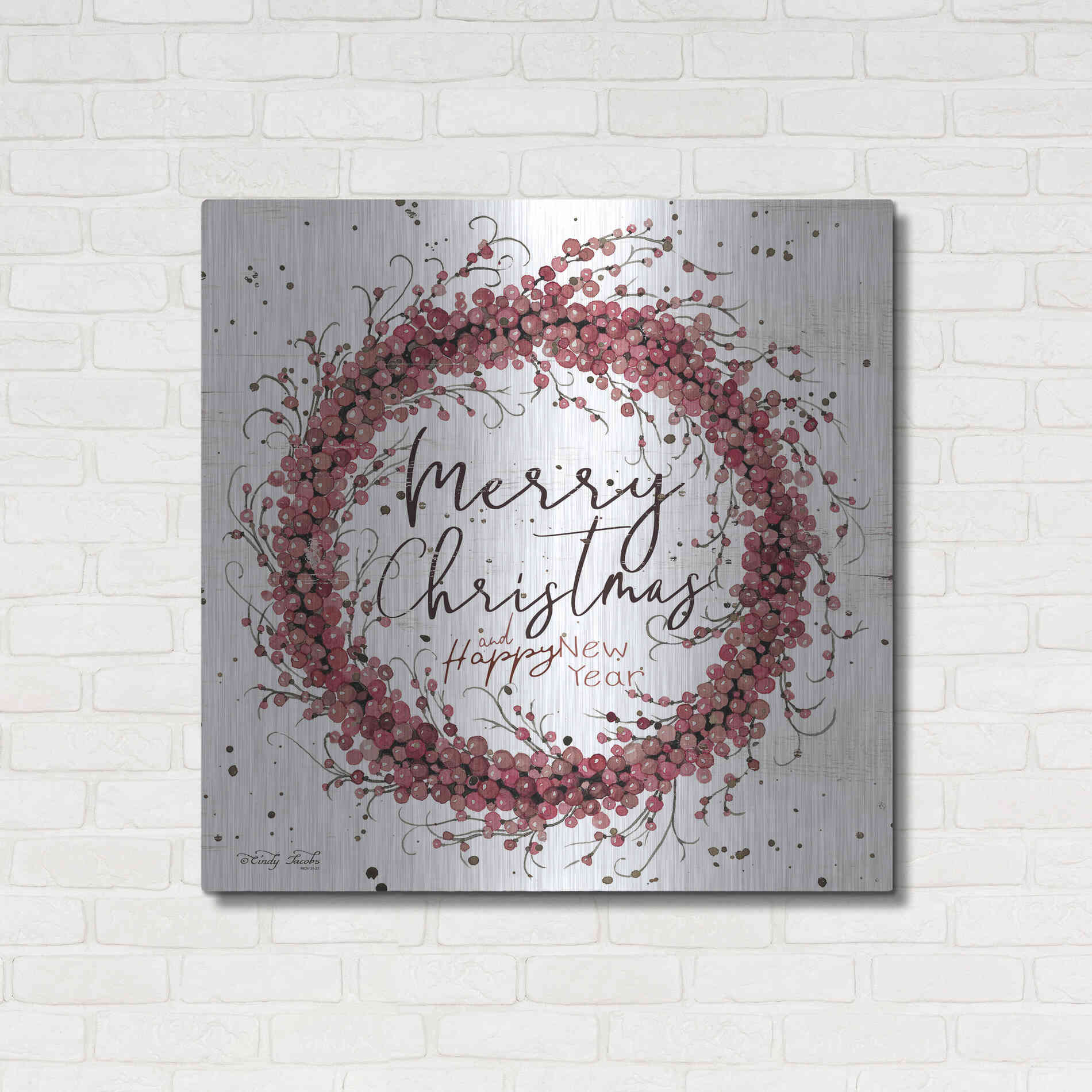 Luxe Metal Art 'Merry Christmas Berry Wreath' by Cindy Jacobs, Metal Wall Art,36x36