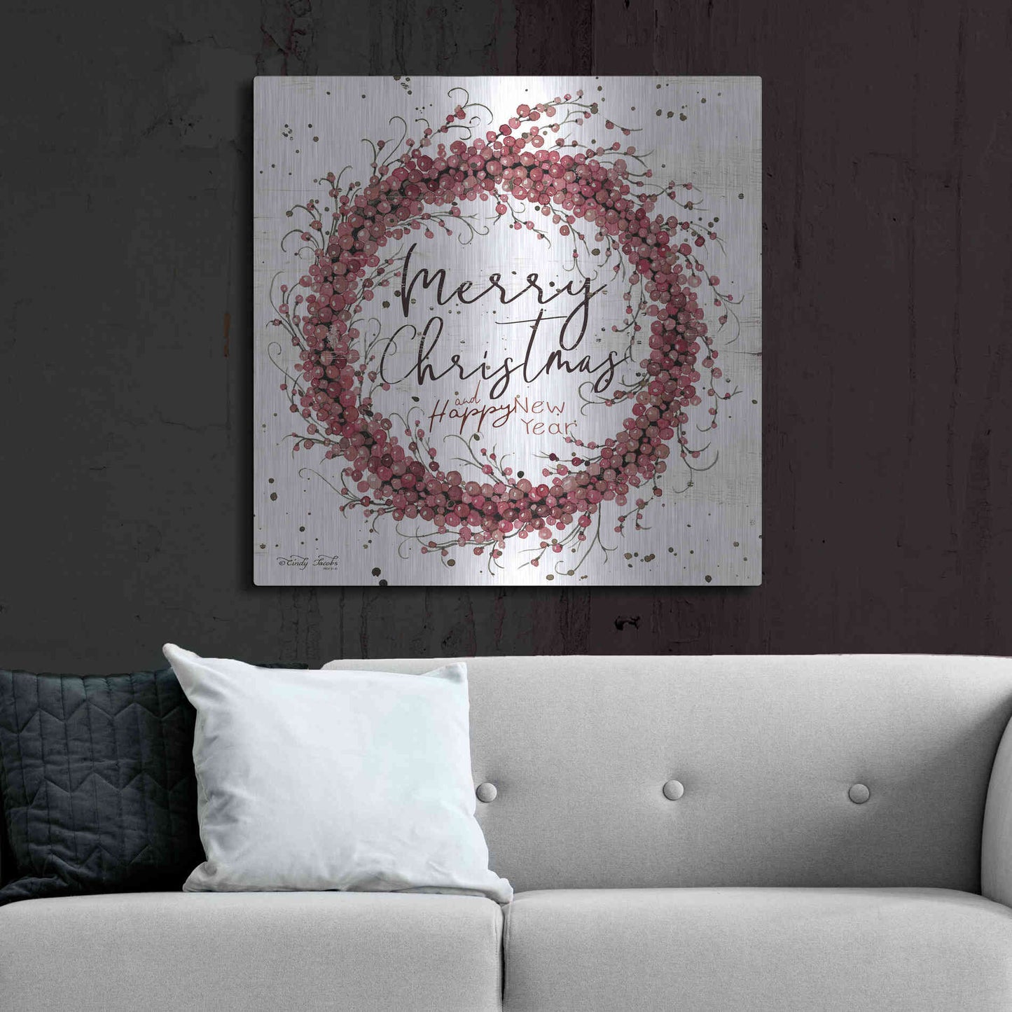 Luxe Metal Art 'Merry Christmas Berry Wreath' by Cindy Jacobs, Metal Wall Art,36x36