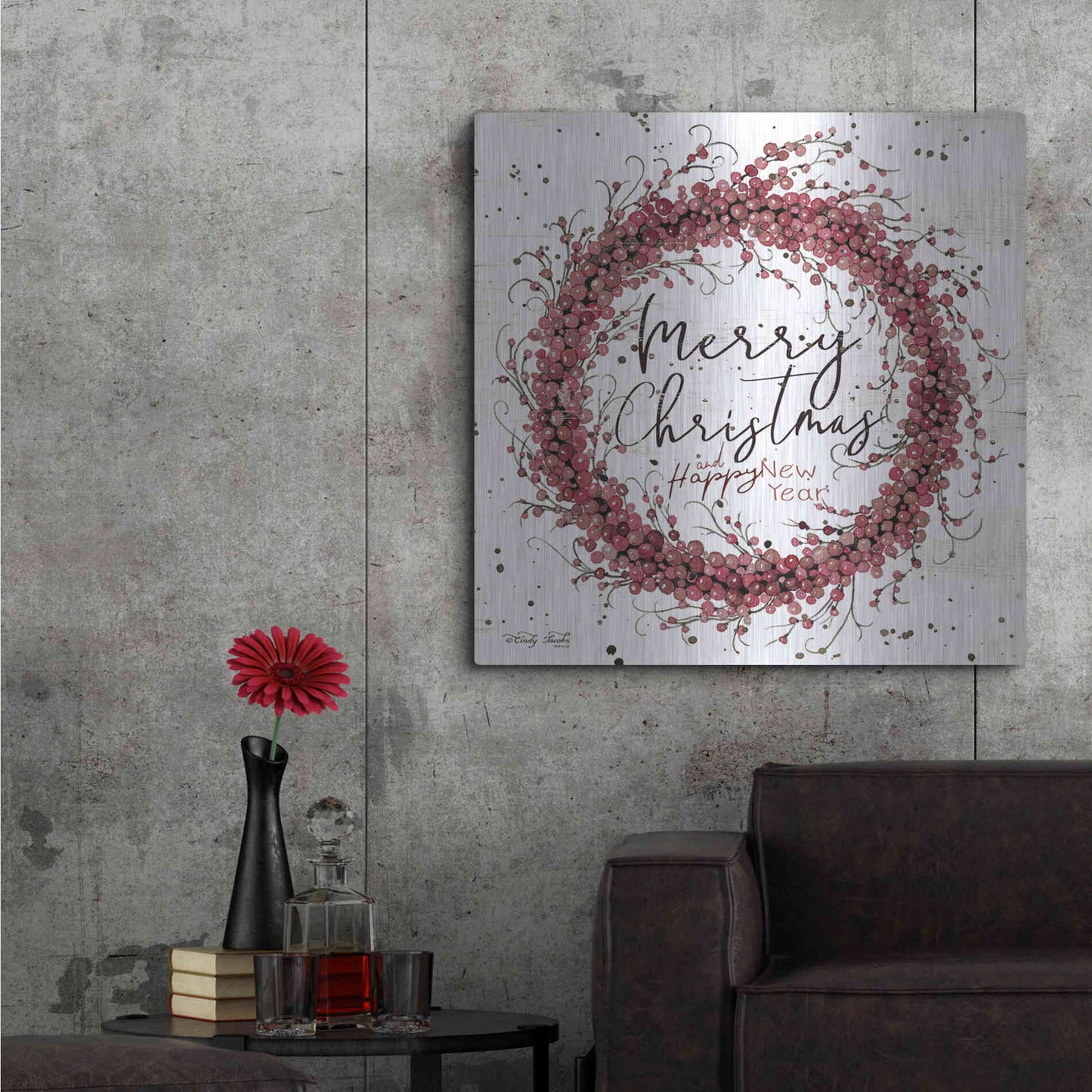 Luxe Metal Art 'Merry Christmas Berry Wreath' by Cindy Jacobs, Metal Wall Art,36x36