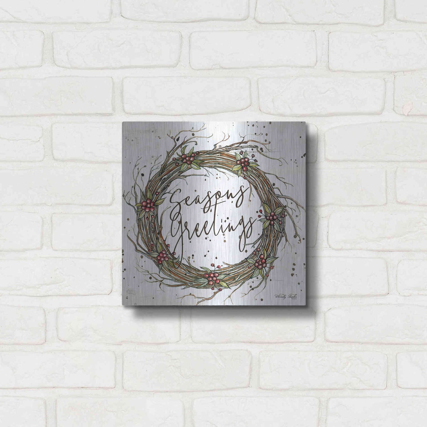 Luxe Metal Art 'Seasons Greetings Wreath II' by Cindy Jacobs, Metal Wall Art,12x12
