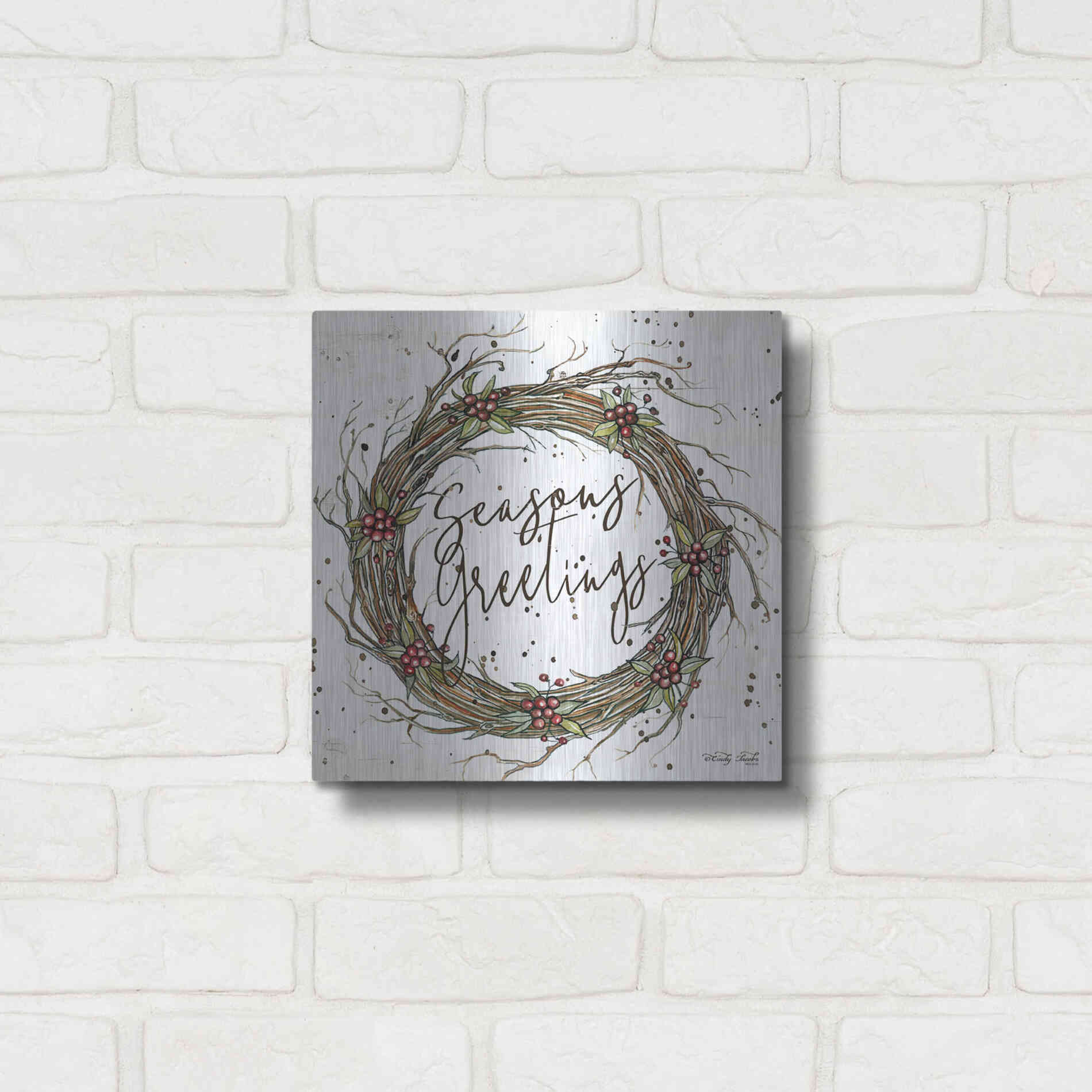 Luxe Metal Art 'Seasons Greetings Wreath II' by Cindy Jacobs, Metal Wall Art,12x12