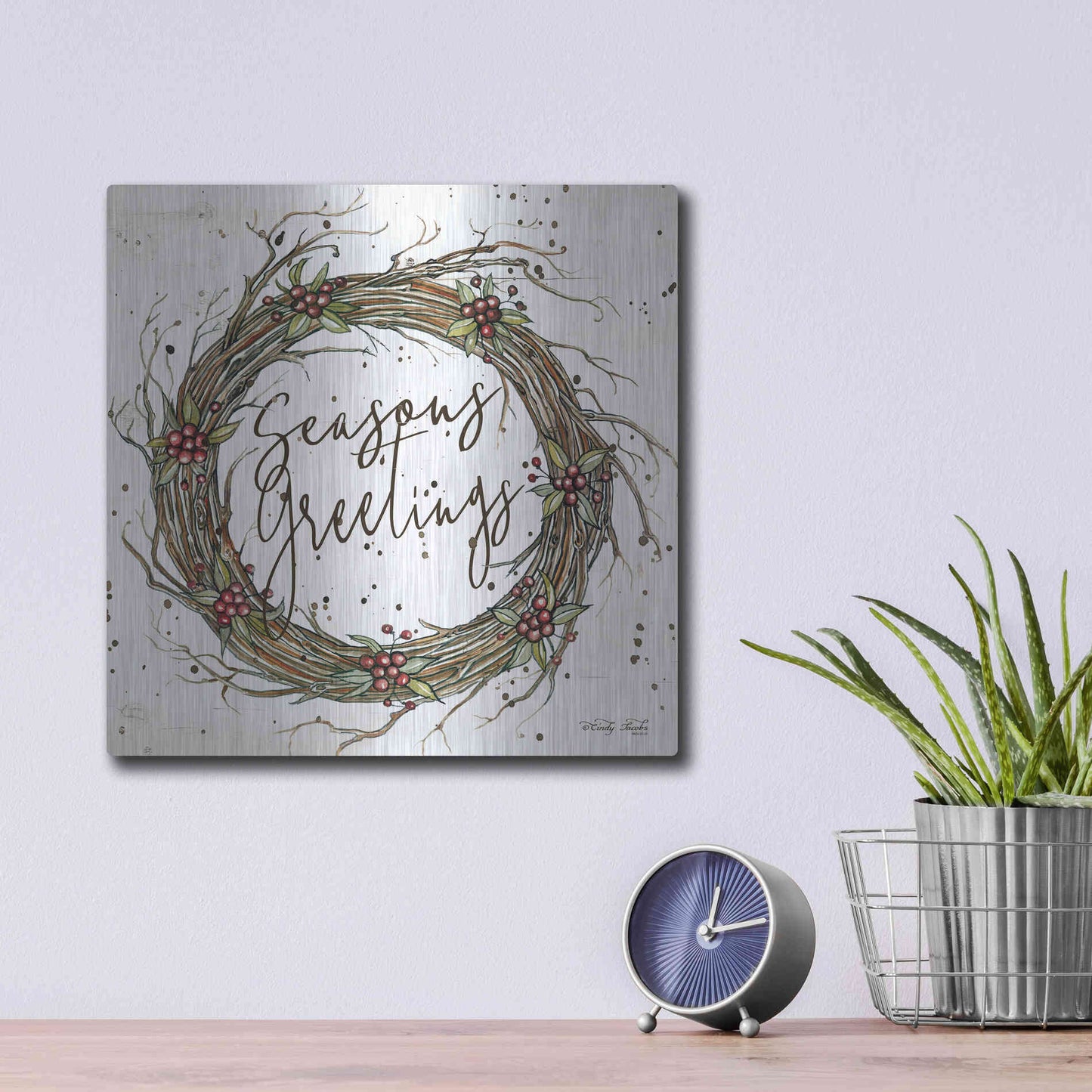 Luxe Metal Art 'Seasons Greetings Wreath II' by Cindy Jacobs, Metal Wall Art,12x12