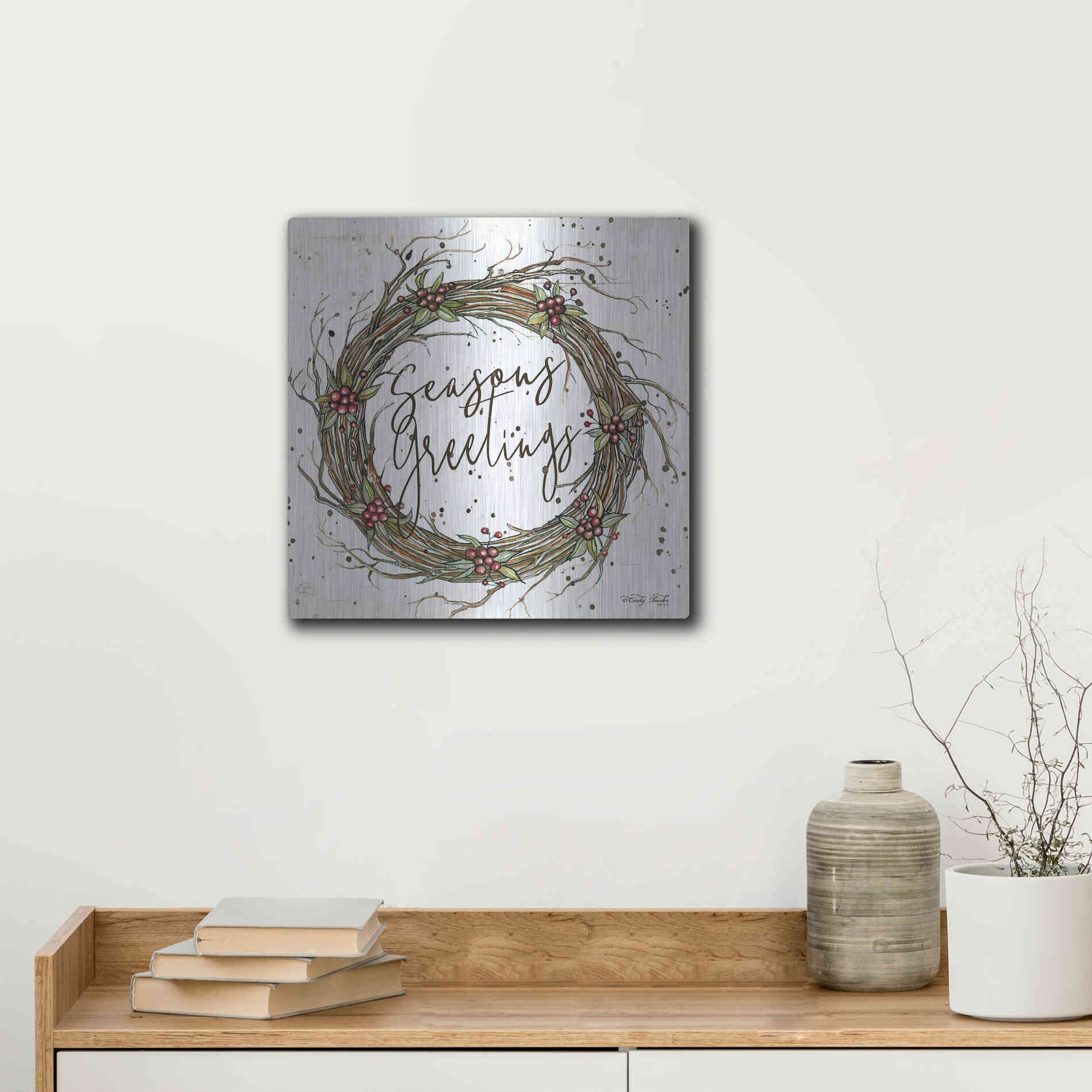 Luxe Metal Art 'Seasons Greetings Wreath II' by Cindy Jacobs, Metal Wall Art,12x12