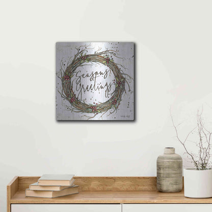 Luxe Metal Art 'Seasons Greetings Wreath II' by Cindy Jacobs, Metal Wall Art,12x12