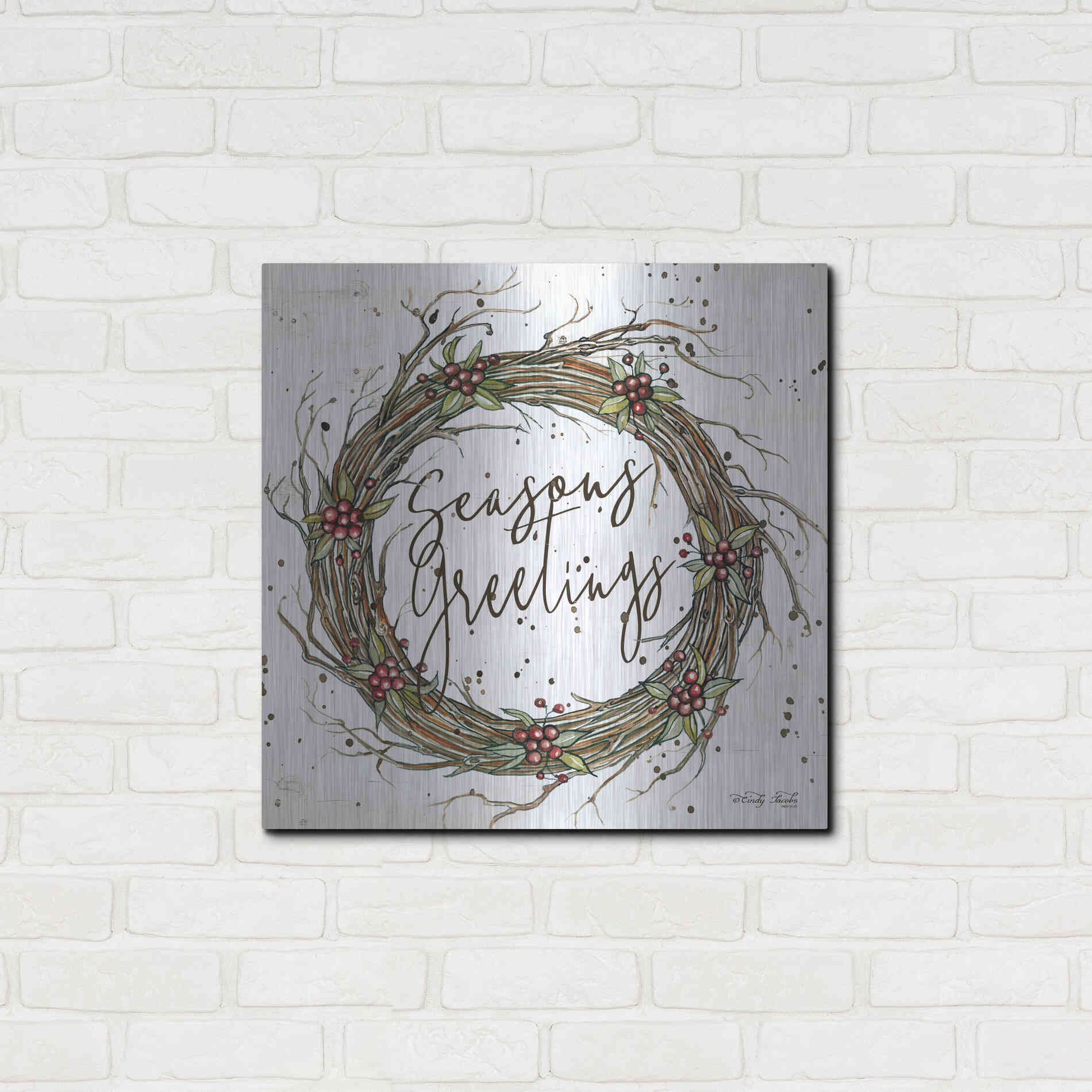 Luxe Metal Art 'Seasons Greetings Wreath II' by Cindy Jacobs, Metal Wall Art,24x24