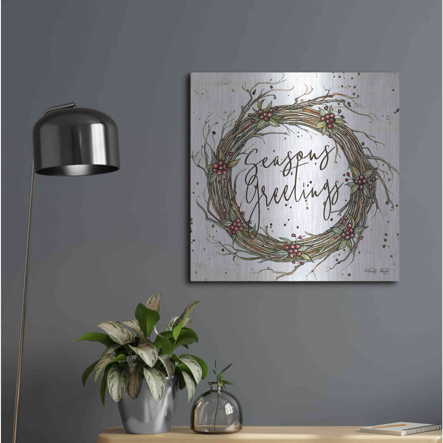 Luxe Metal Art 'Seasons Greetings Wreath II' by Cindy Jacobs, Metal Wall Art,24x24