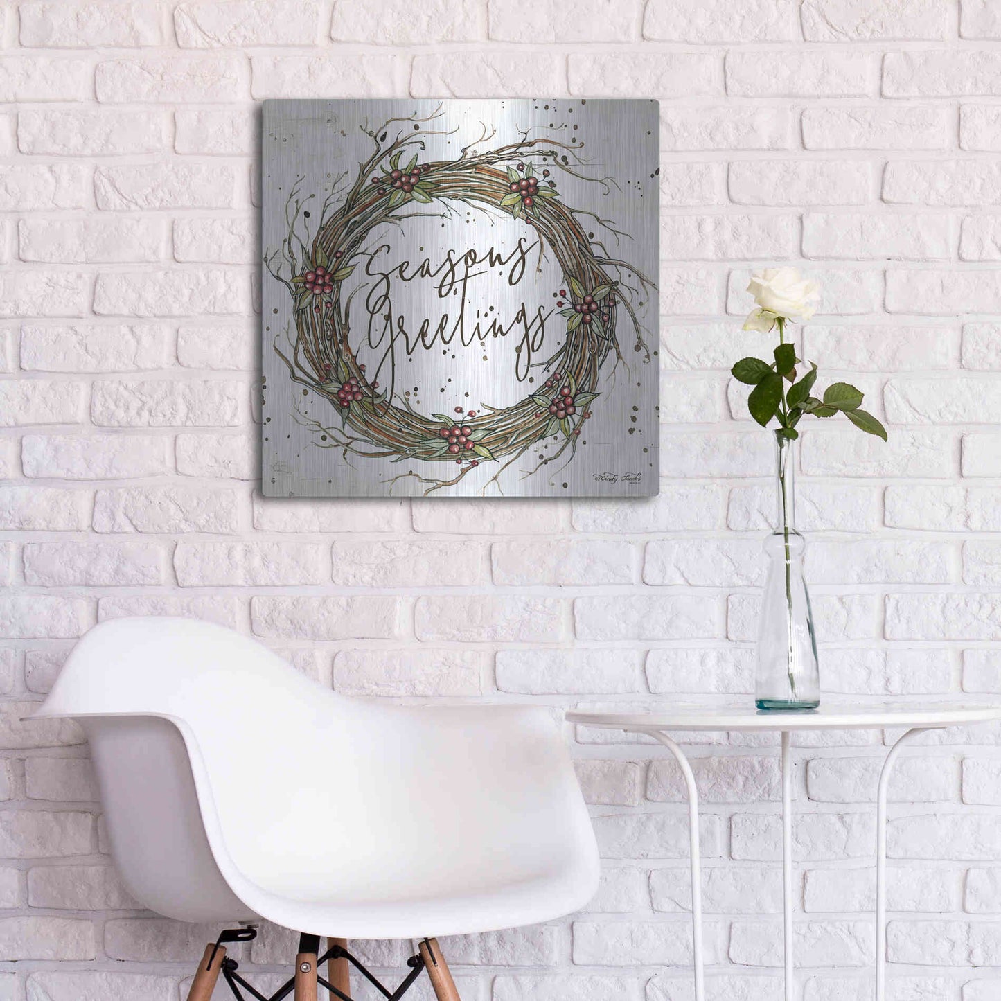 Luxe Metal Art 'Seasons Greetings Wreath II' by Cindy Jacobs, Metal Wall Art,24x24