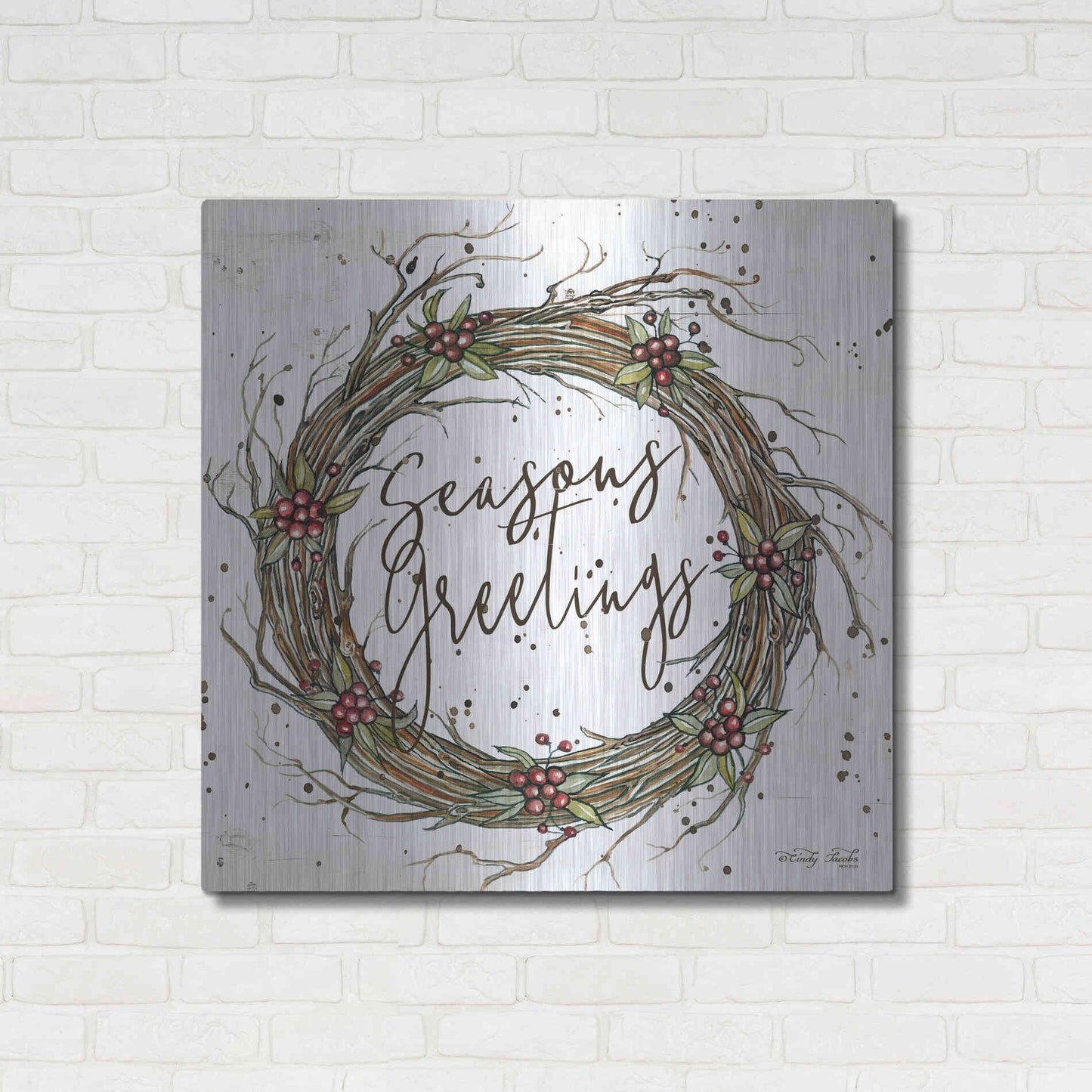 Luxe Metal Art 'Seasons Greetings Wreath II' by Cindy Jacobs, Metal Wall Art,36x36