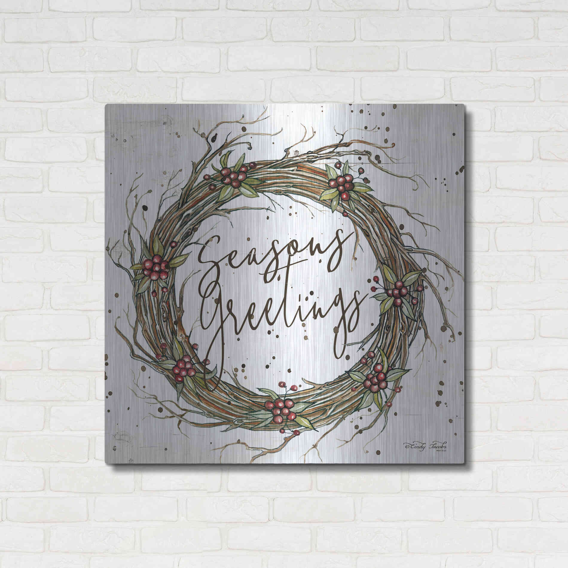 Luxe Metal Art 'Seasons Greetings Wreath II' by Cindy Jacobs, Metal Wall Art,36x36