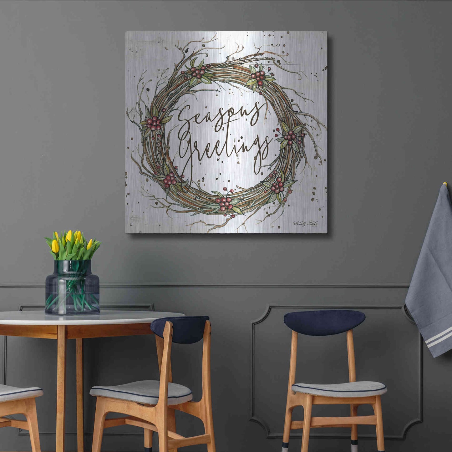 Luxe Metal Art 'Seasons Greetings Wreath II' by Cindy Jacobs, Metal Wall Art,36x36