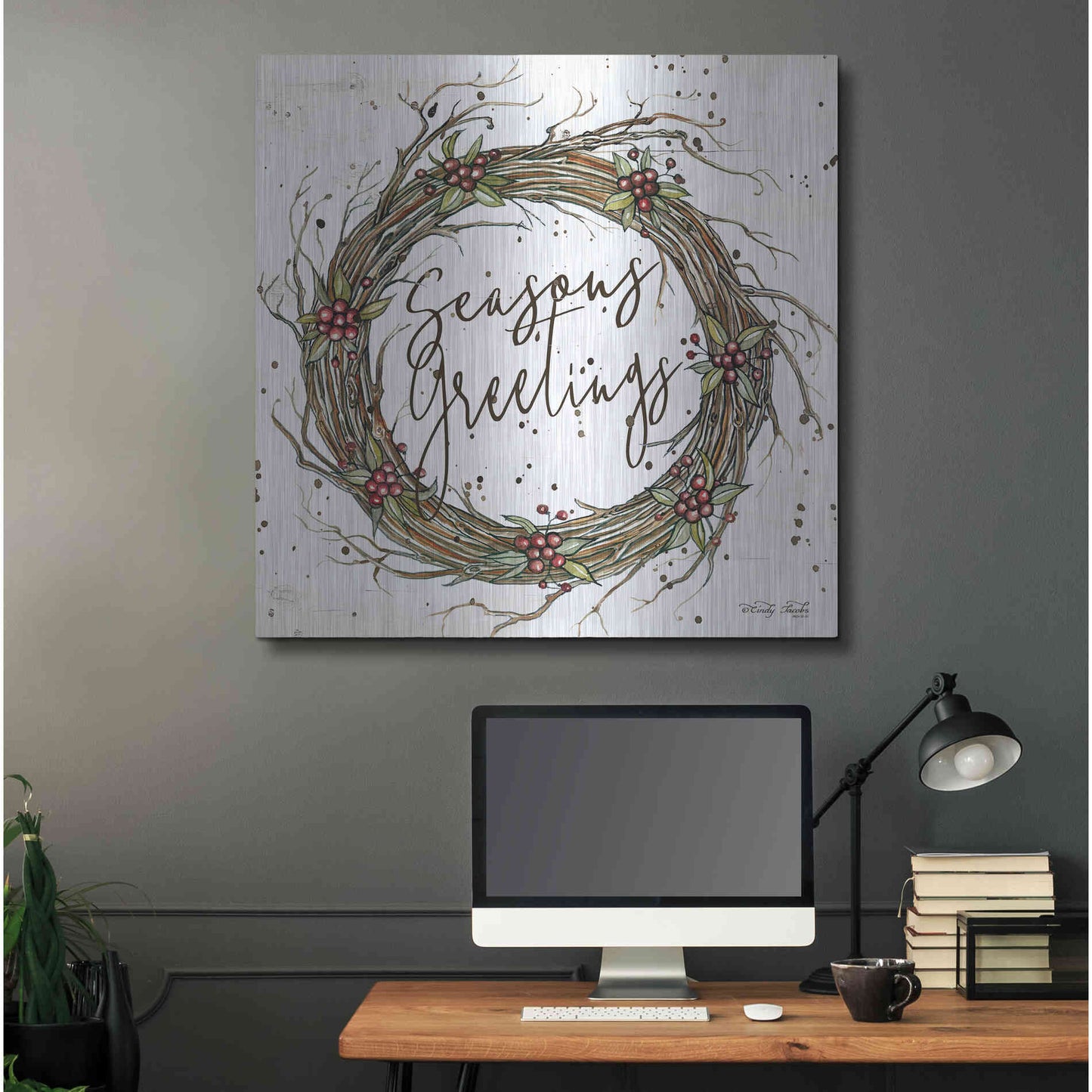 Luxe Metal Art 'Seasons Greetings Wreath II' by Cindy Jacobs, Metal Wall Art,36x36
