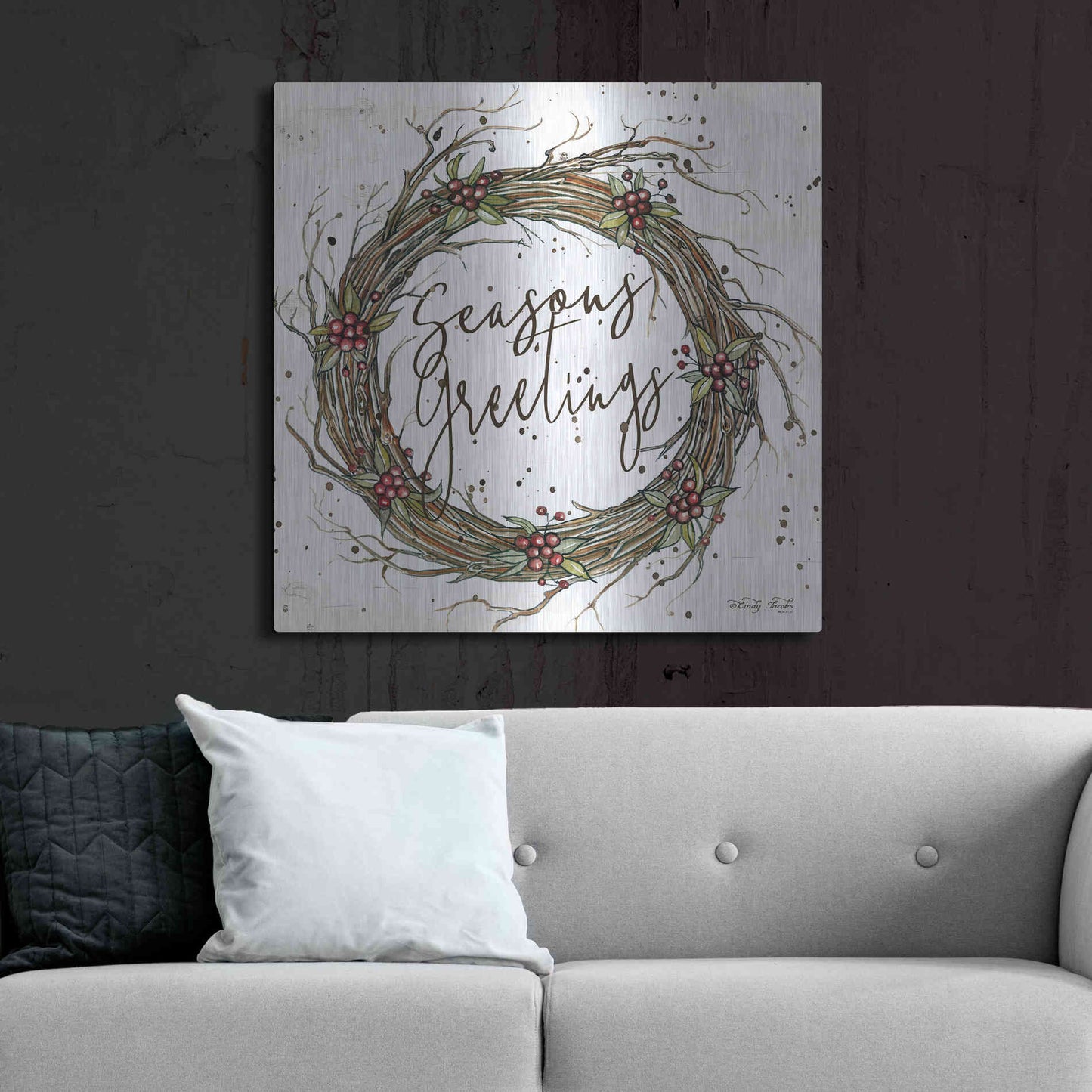 Luxe Metal Art 'Seasons Greetings Wreath II' by Cindy Jacobs, Metal Wall Art,36x36
