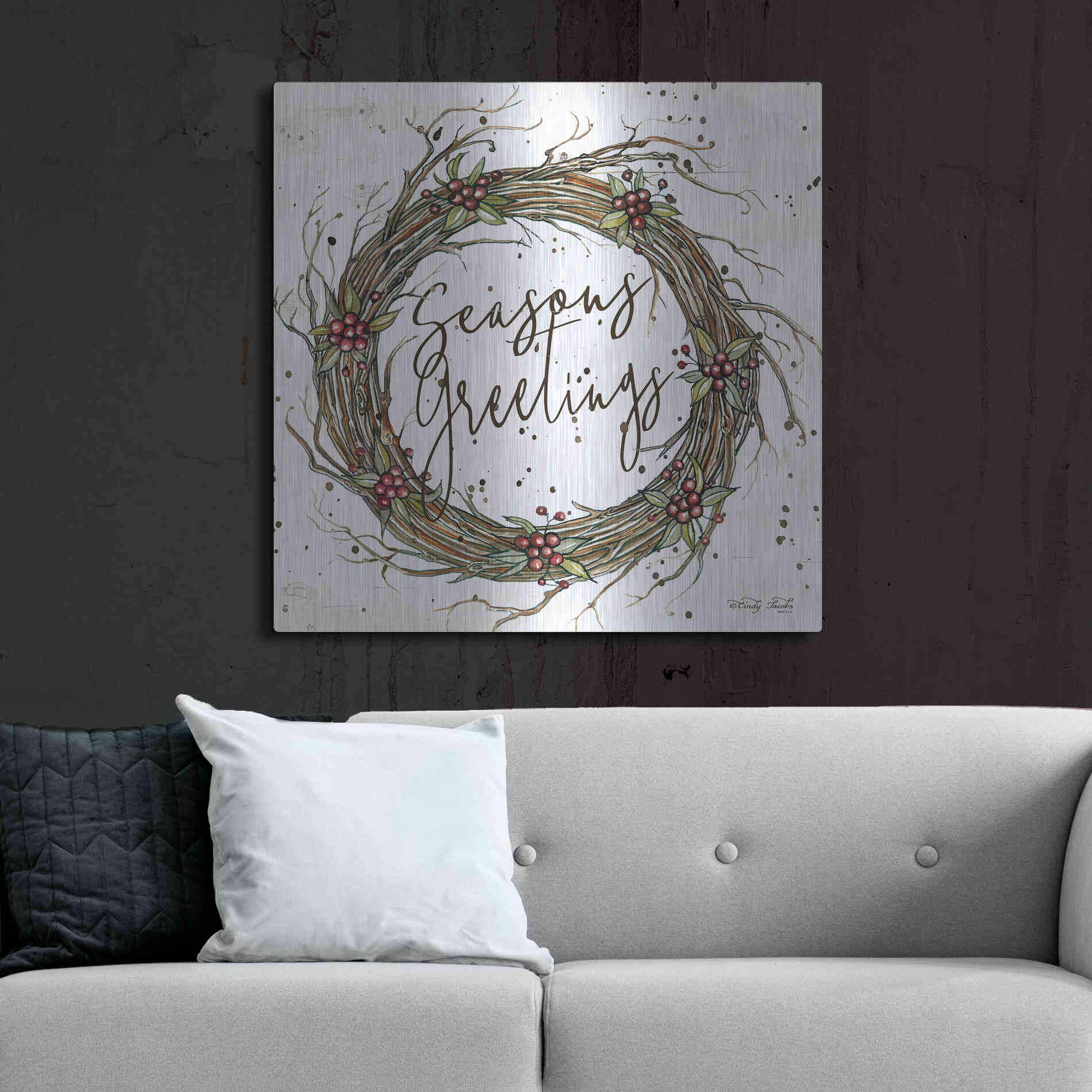 Luxe Metal Art 'Seasons Greetings Wreath II' by Cindy Jacobs, Metal Wall Art,36x36