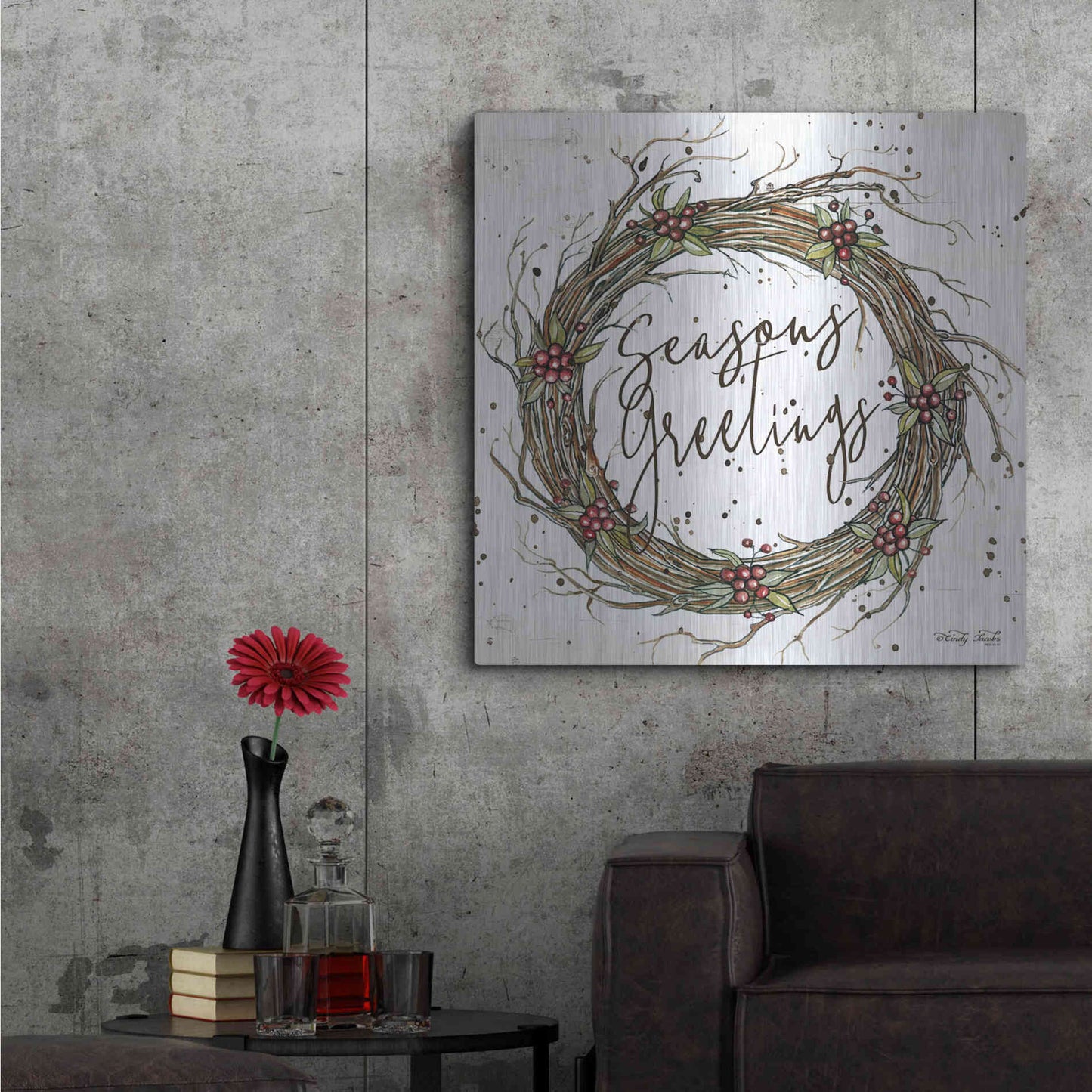 Luxe Metal Art 'Seasons Greetings Wreath II' by Cindy Jacobs, Metal Wall Art,36x36