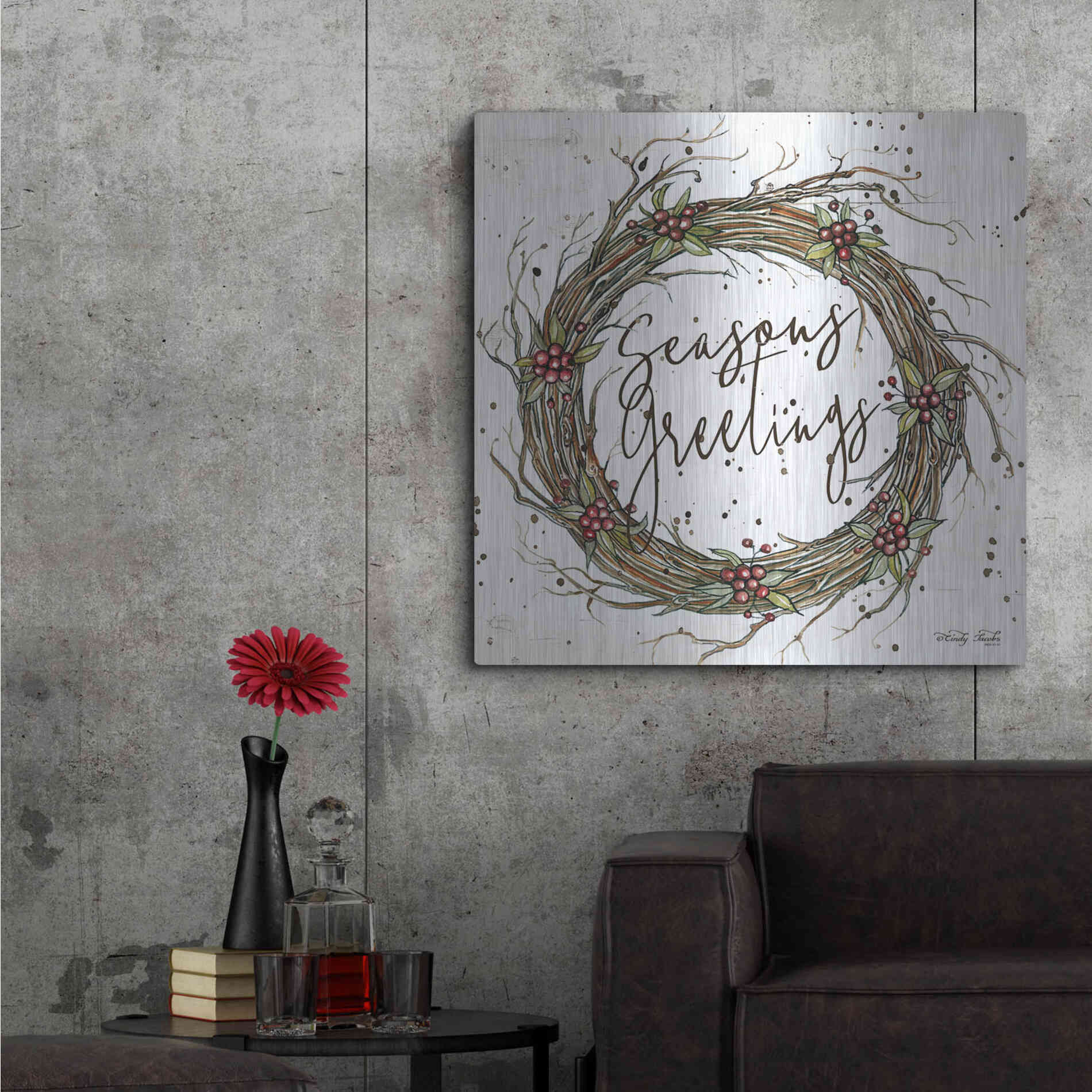 Luxe Metal Art 'Seasons Greetings Wreath II' by Cindy Jacobs, Metal Wall Art,36x36
