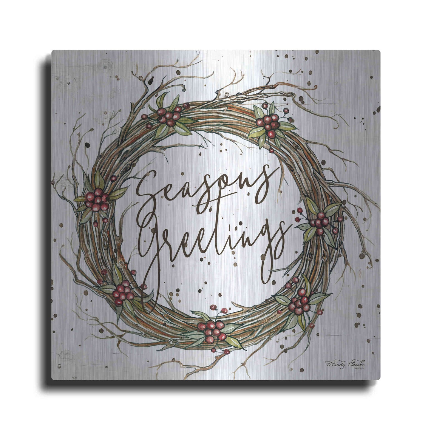 Luxe Metal Art 'Seasons Greetings Wreath II' by Cindy Jacobs, Metal Wall Art