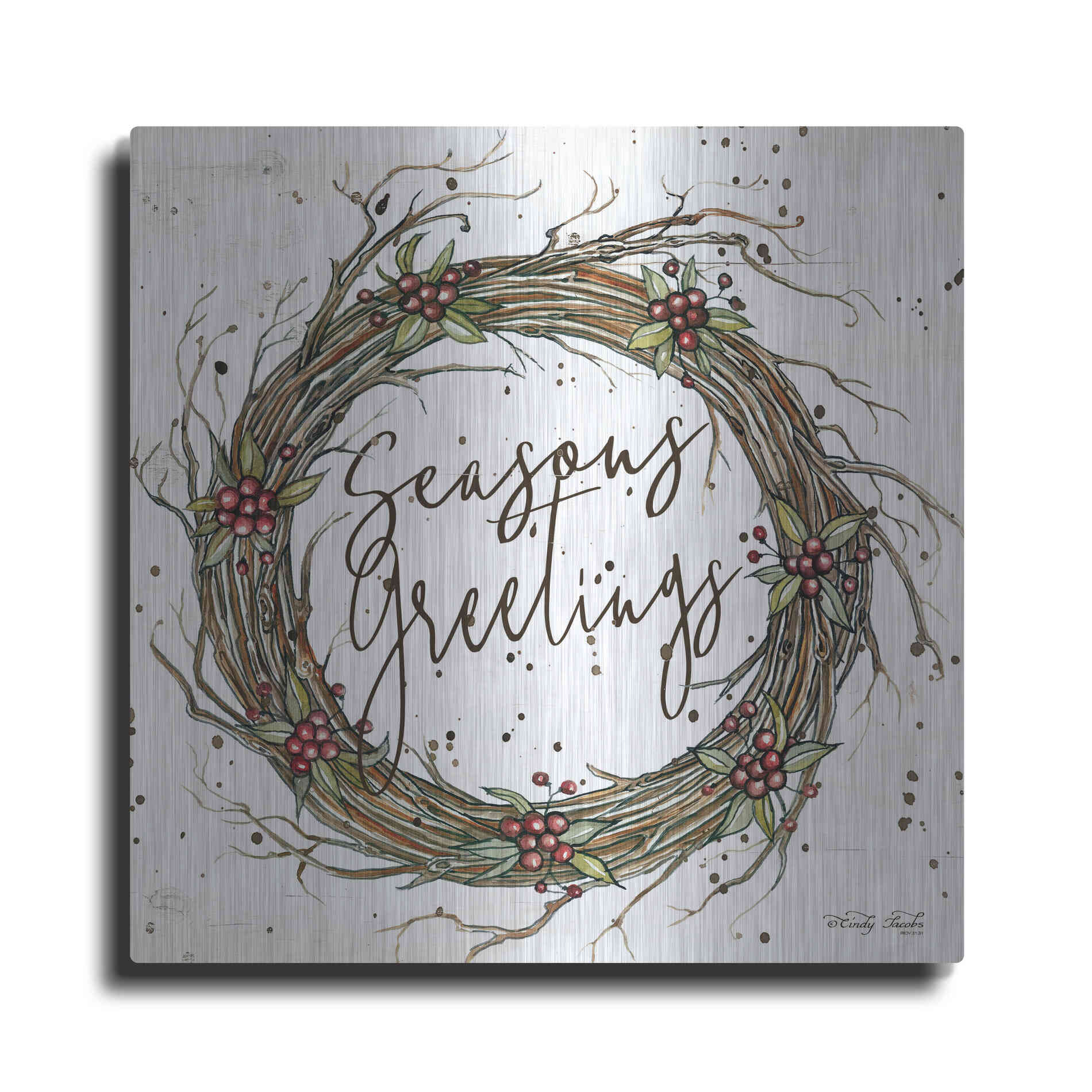 Luxe Metal Art 'Seasons Greetings Wreath II' by Cindy Jacobs, Metal Wall Art