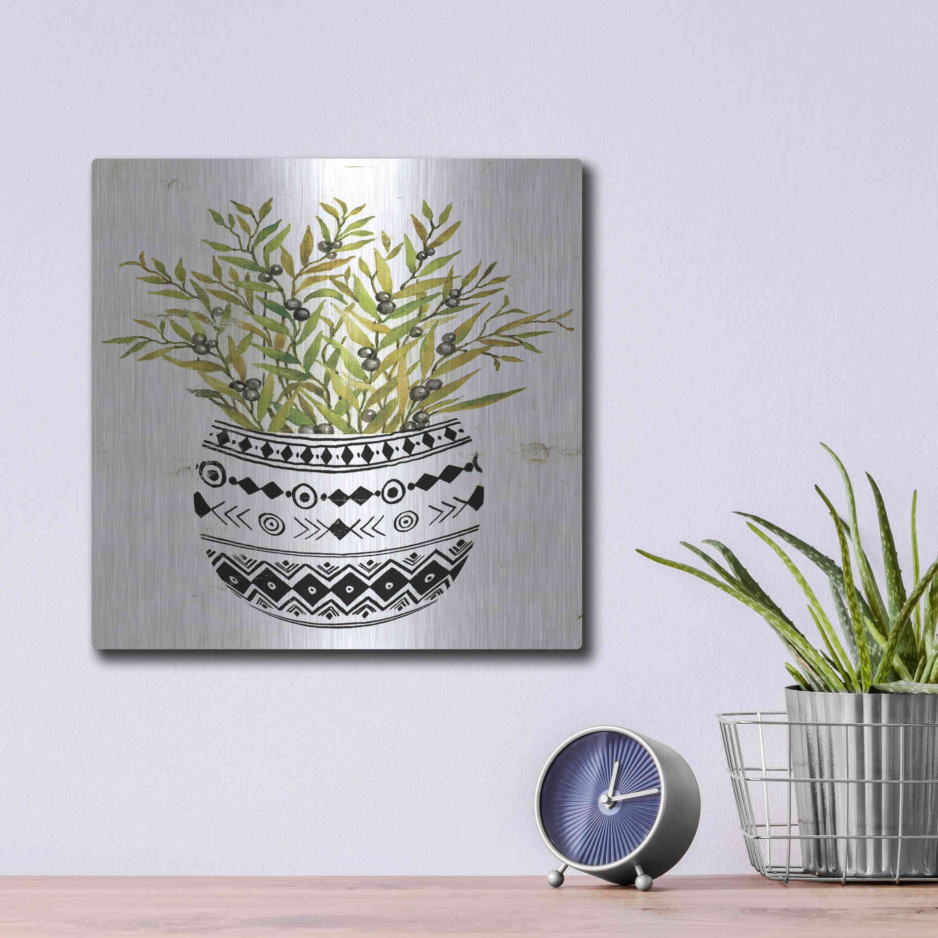 Luxe Metal Art 'Mud Cloth Succulent I' by Cindy Jacobs, Metal Wall Art,12x12
