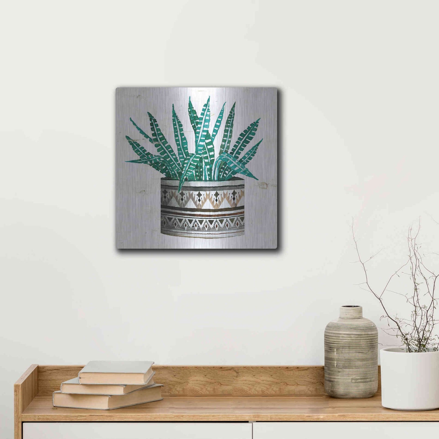 Luxe Metal Art 'Mud Cloth Succulent II' by Cindy Jacobs, Metal Wall Art,12x12