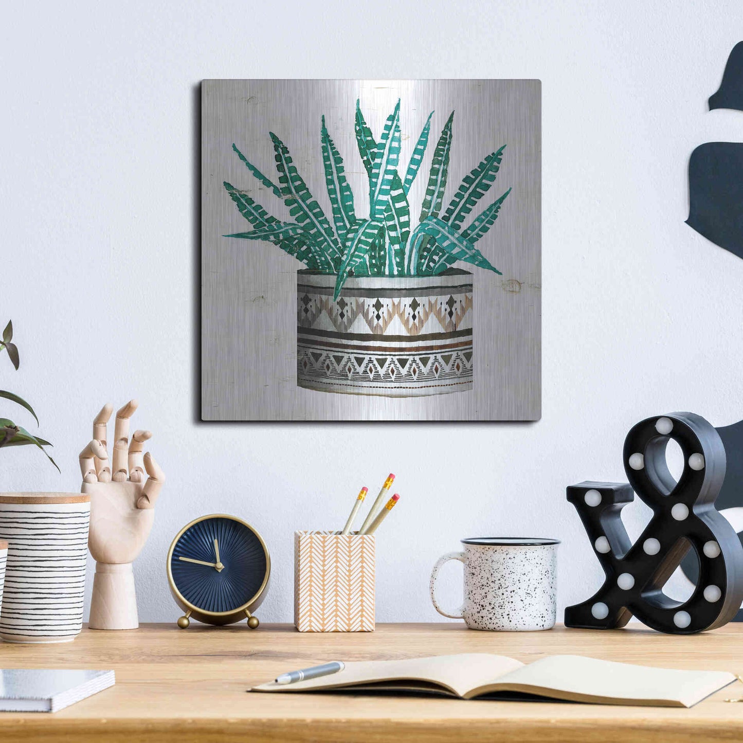 Luxe Metal Art 'Mud Cloth Succulent II' by Cindy Jacobs, Metal Wall Art,12x12